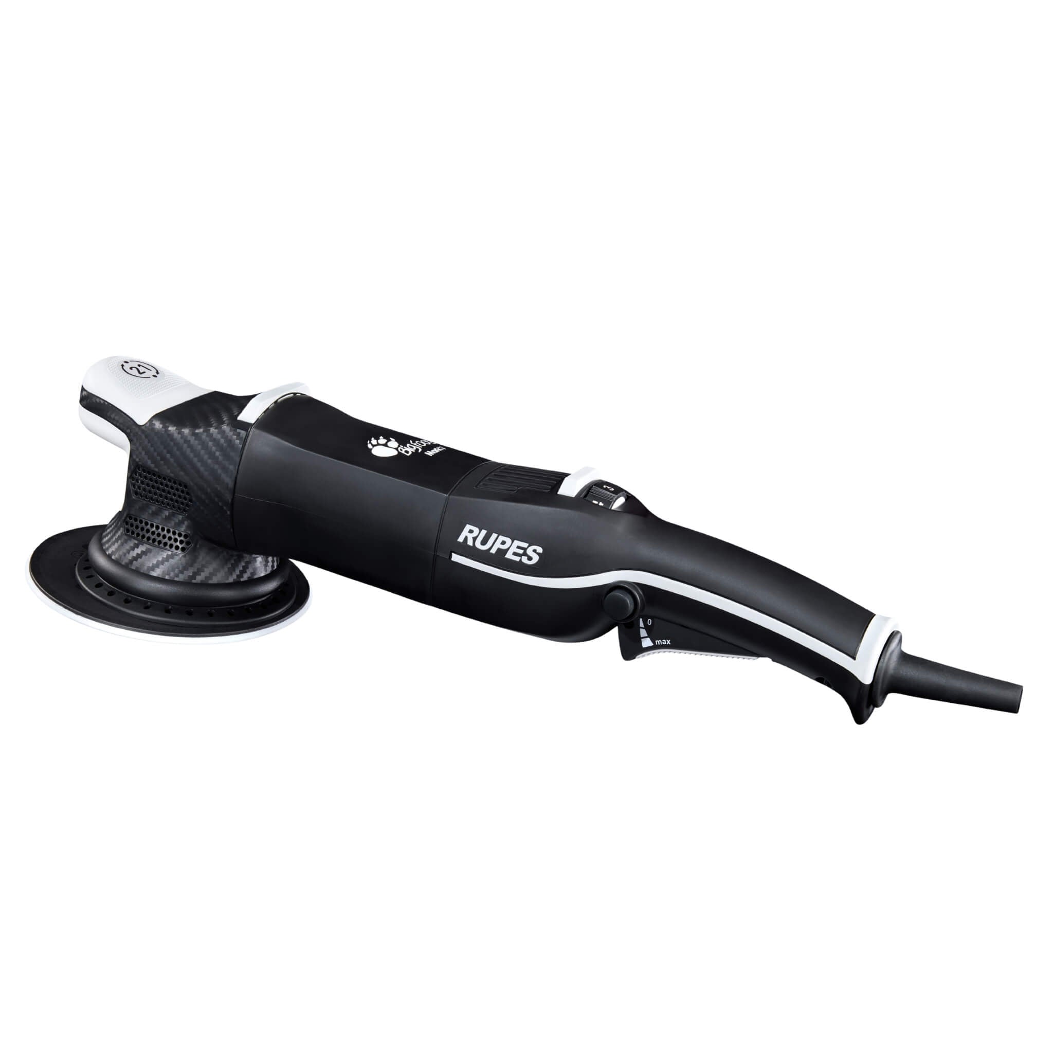 RUPES BigFoot LHR21 Mark V random orbital polisher uses a 21 mm orbit and 6-inch backing pad for fast paint correction.