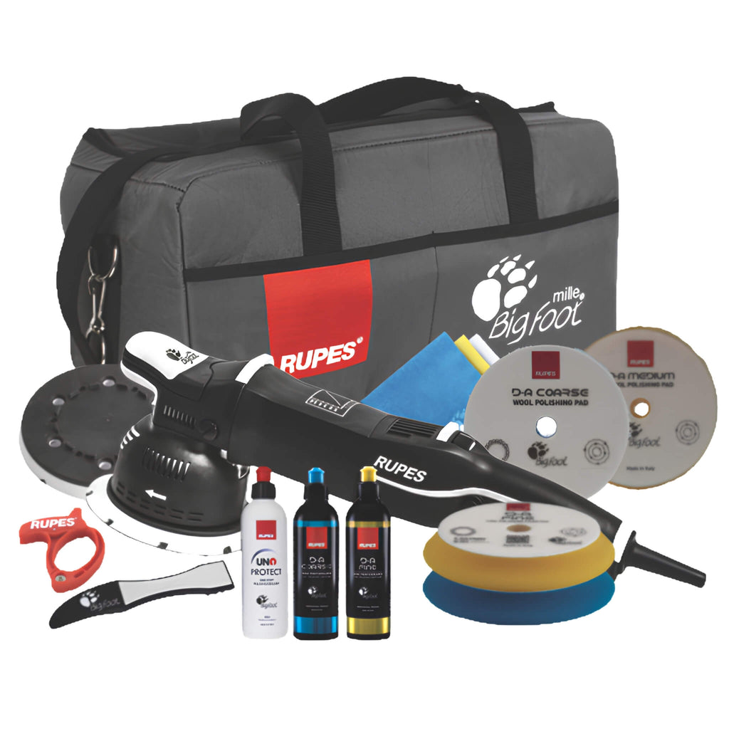 RUPES BigFoot Mille LK900E Complete Kit with gear-driven polisher, compounds, foam and wool pads, accessories, and tool bag.