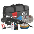 RUPES BigFoot Mille LK900E Complete Kit with gear-driven polisher, compounds, foam and wool pads, accessories, and tool bag.