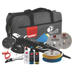 RUPES BigFoot Mille LK900E Complete Kit with gear-driven polisher, compounds, foam and wool pads, accessories, and tool bag.