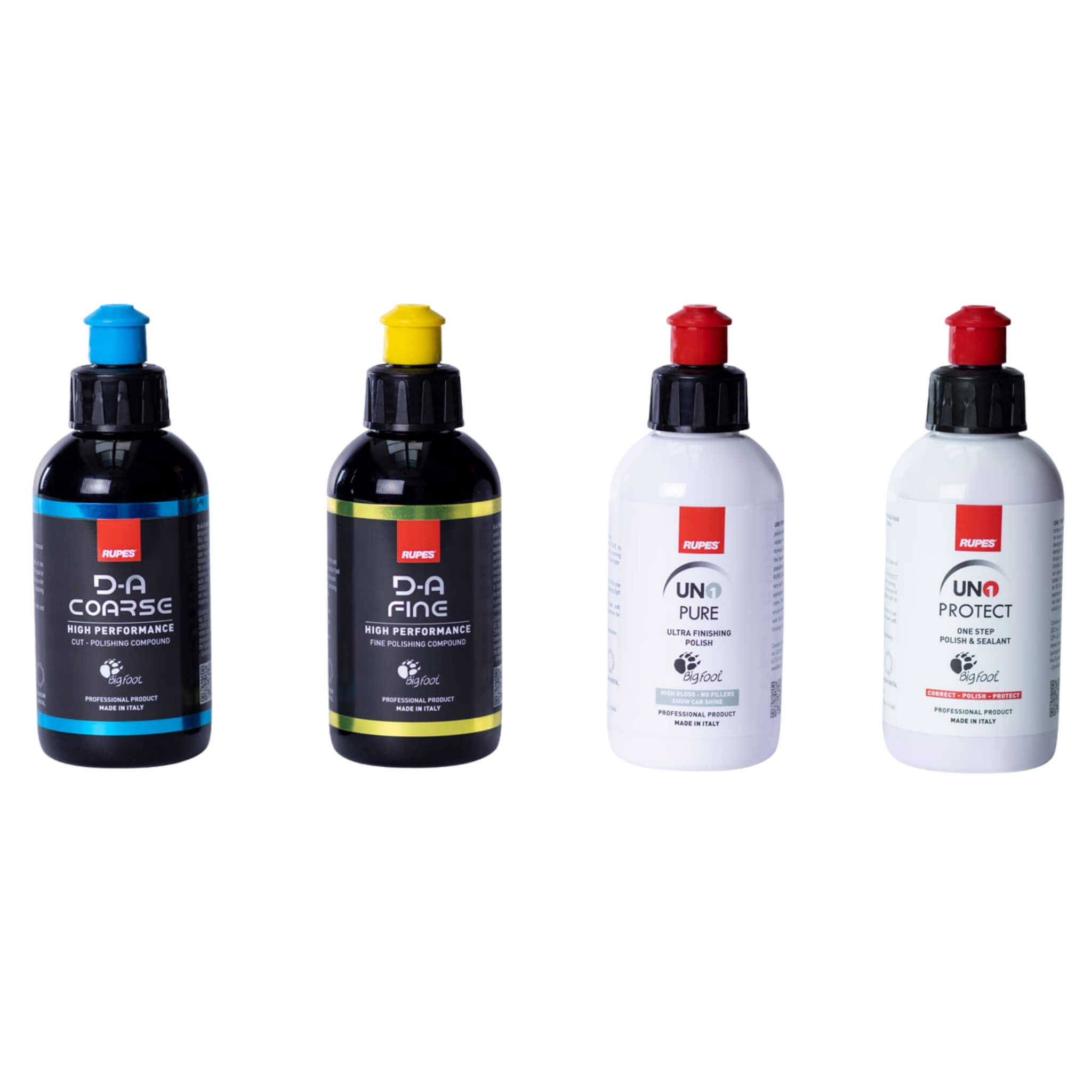 RUPES Compound & Polish Sample Pack includes four 125 ml bottles: D-A Coarse, D-A Fine, UNO Pure, and UNO Protect.