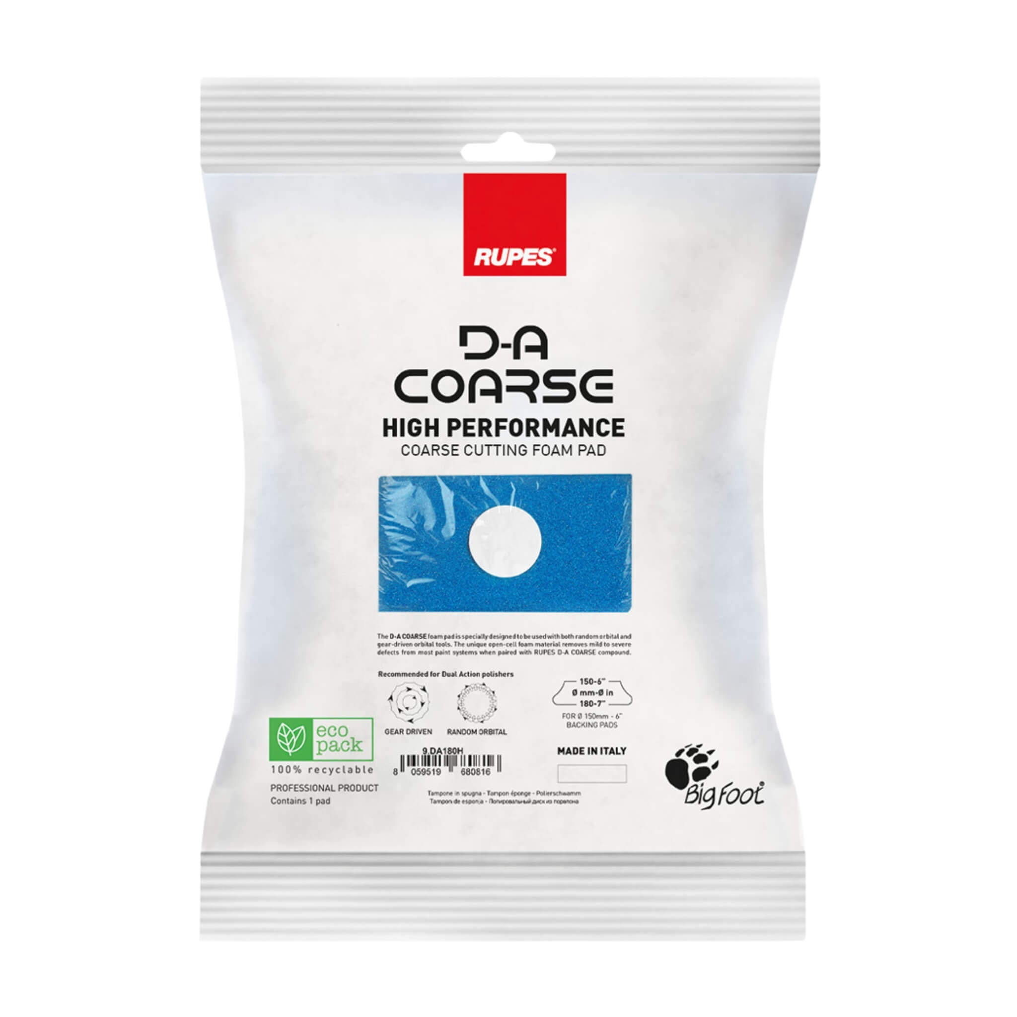 RUPES D-A COARSE Cutting Foam Pad with open-cell foam for improved cutting, finishing, and durability.