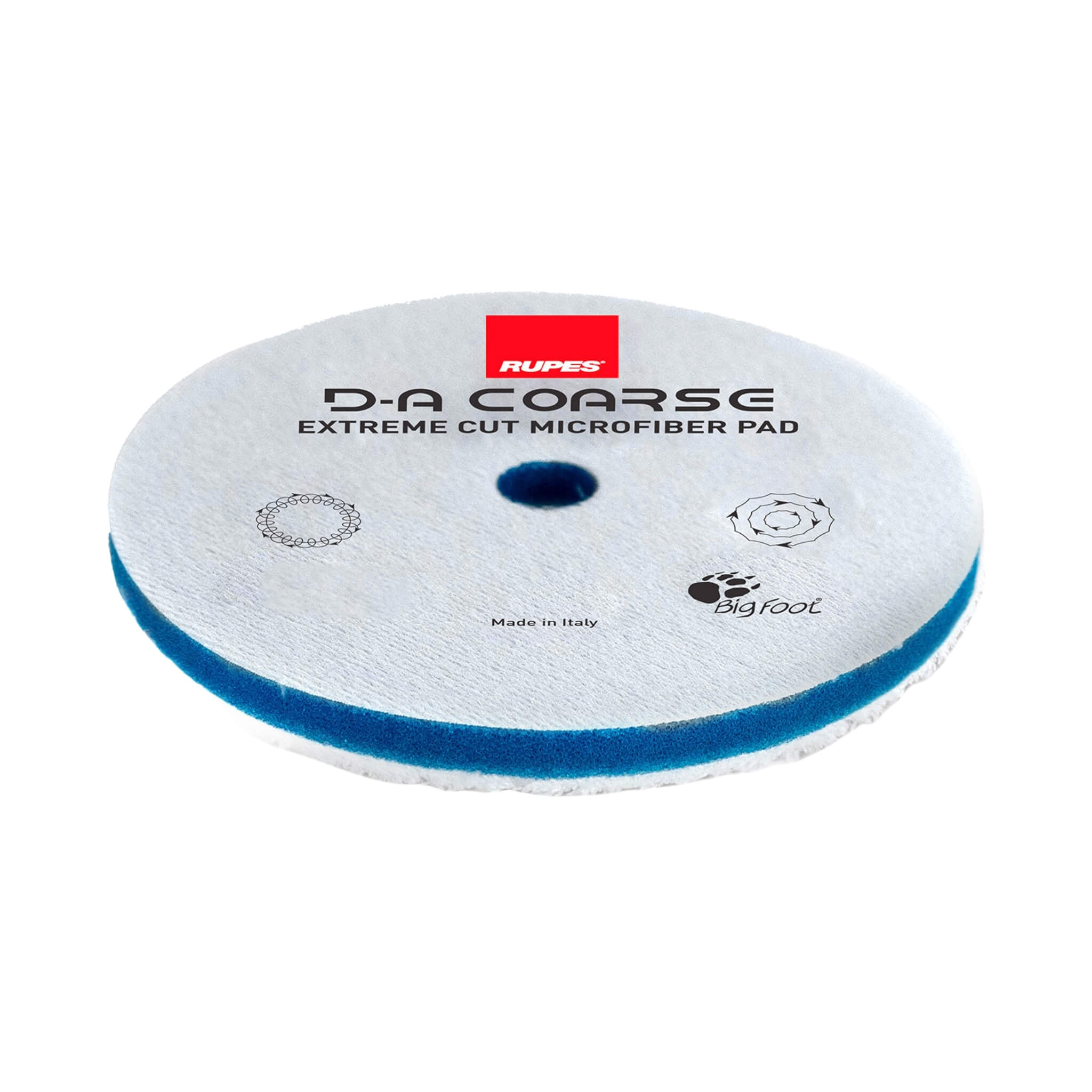 RUPES D-A COARSE Microfiber Extreme Cut Pad with dense microfiber for sanding mark removal on dual-action polishers.