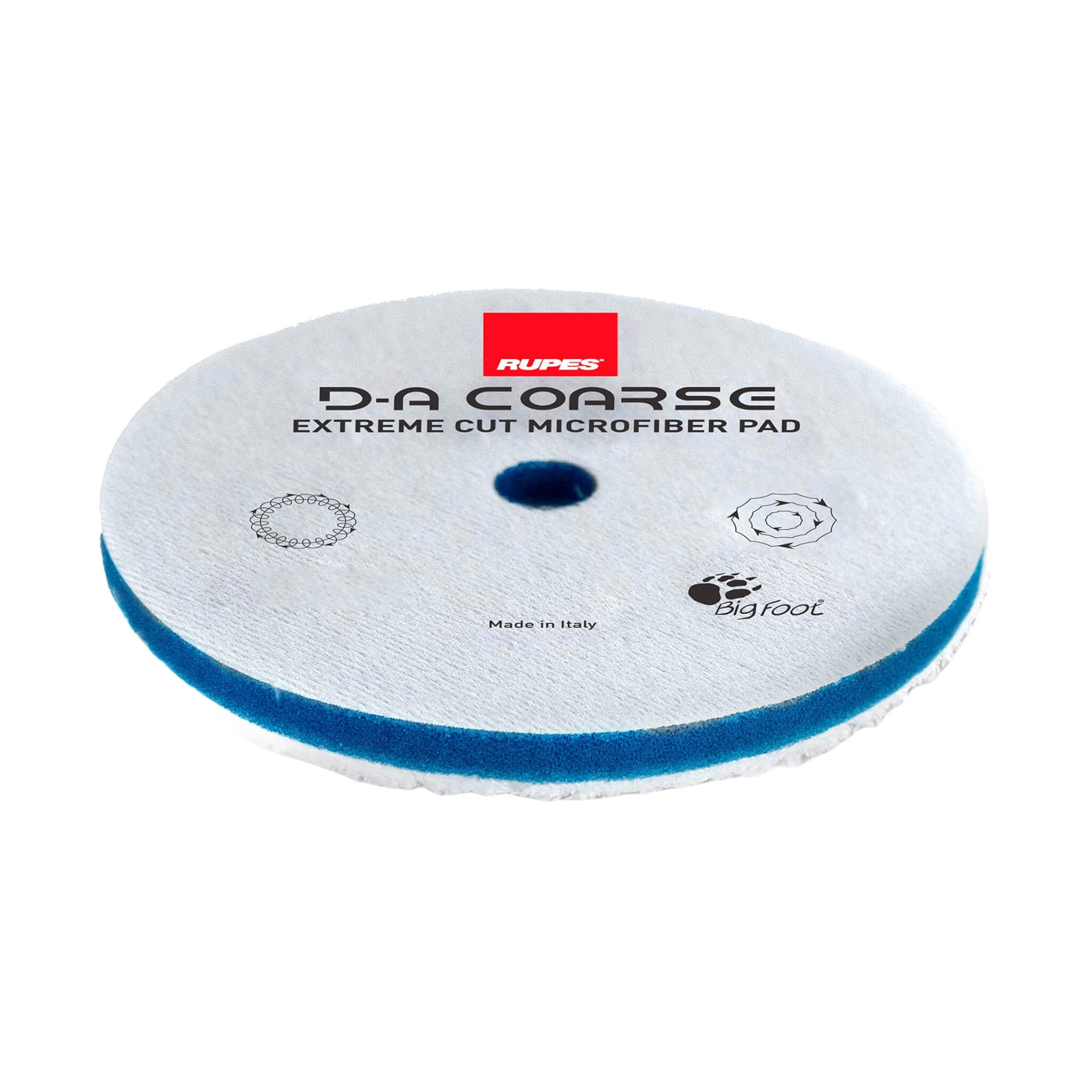 RUPES D-A COARSE Microfiber Extreme Cut Pad with dense microfiber for sanding mark removal on dual-action polishers.