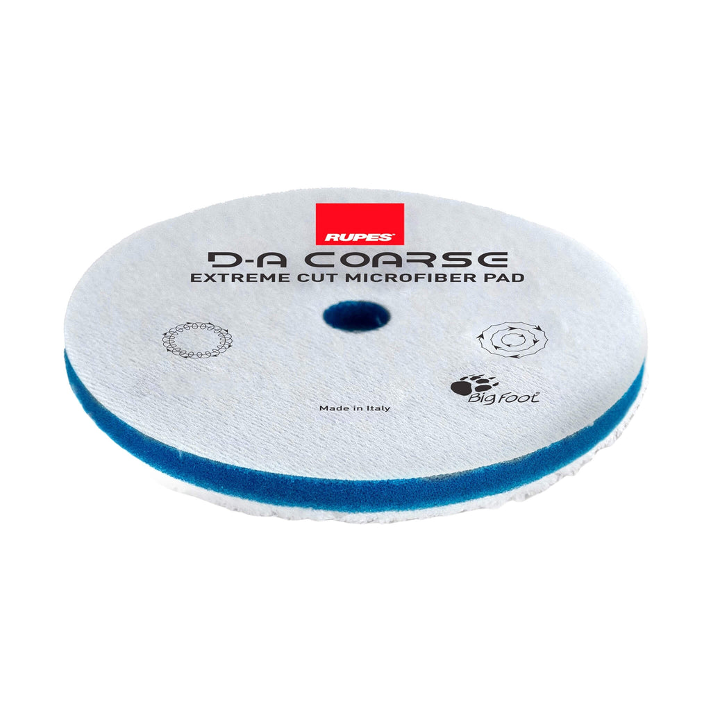 RUPES D-A COARSE Microfiber Extreme Cut Pad with dense microfiber for sanding mark removal on dual-action polishers.