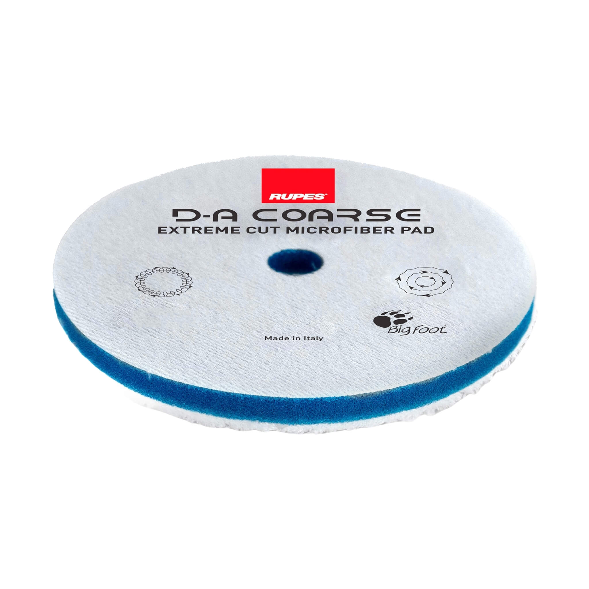 RUPES D-A COARSE Microfiber Extreme Cut Pad with dense microfiber for sanding mark removal on dual-action polishers.