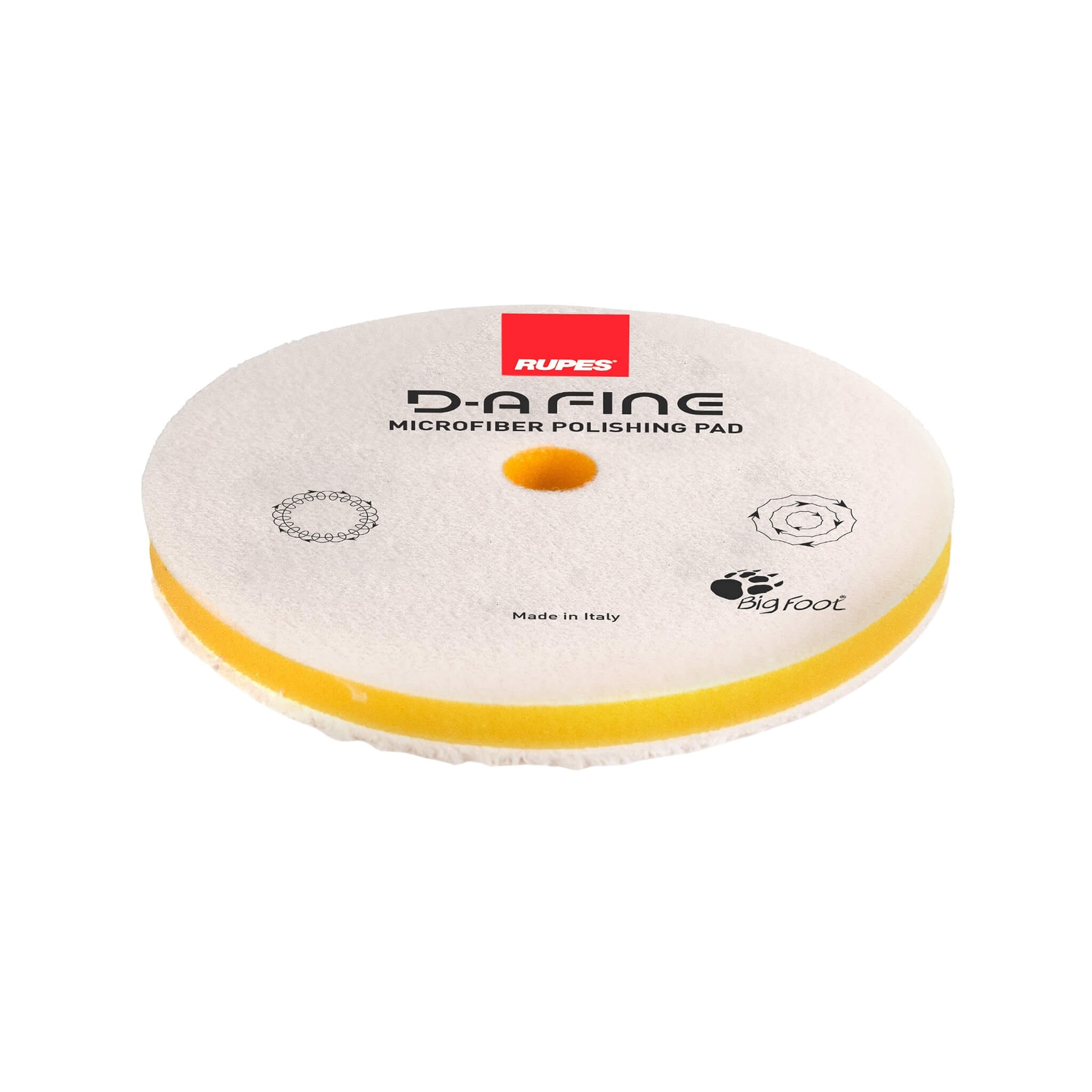 RUPES D-A FINE Microfiber Polishing Pad with semi-flexible foam backing for the removal of swirls, haze, and holograms.