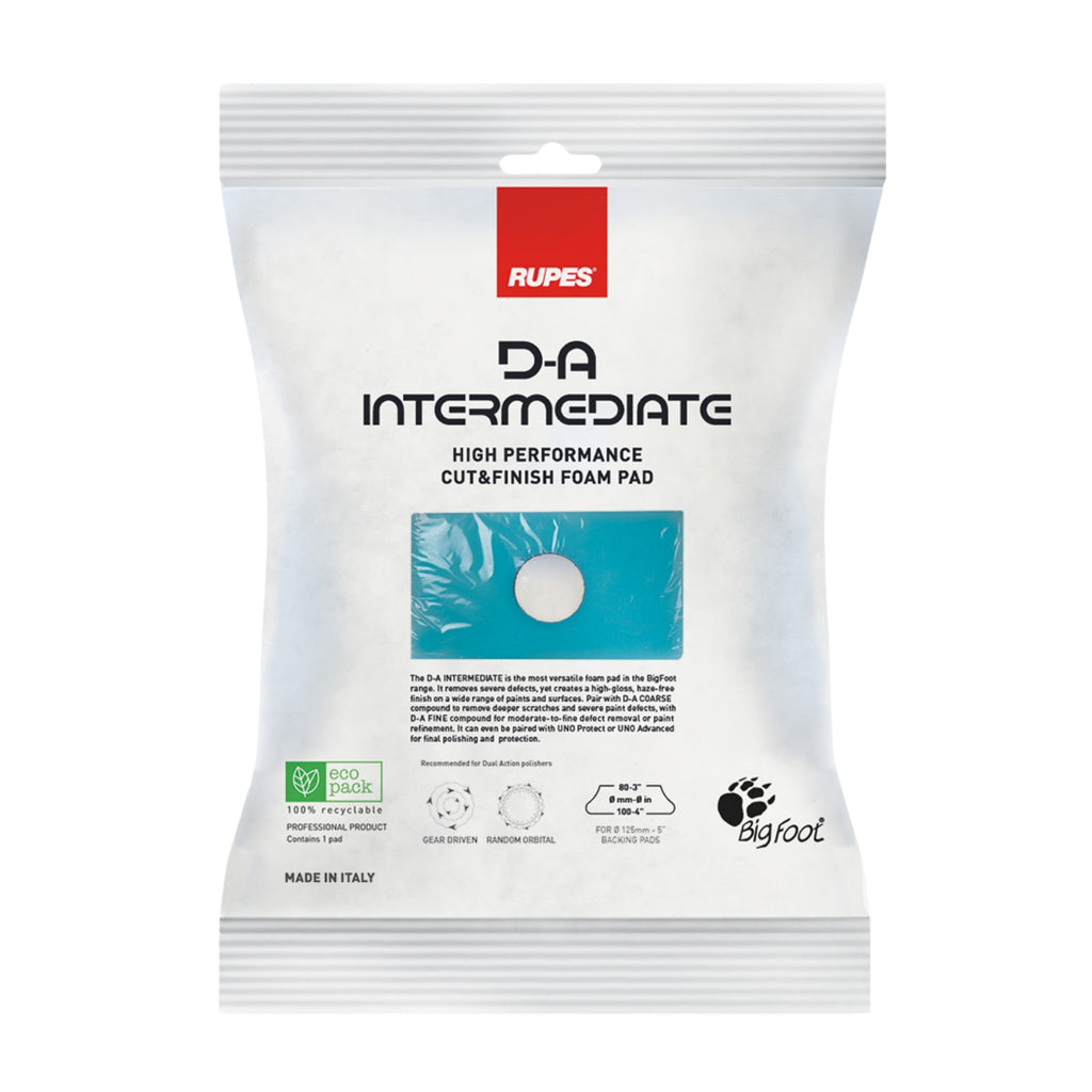 RUPES D-A INTERMEDIATE Foam Polishing Pad balances defect removal and gloss enhancement on automotive paint.