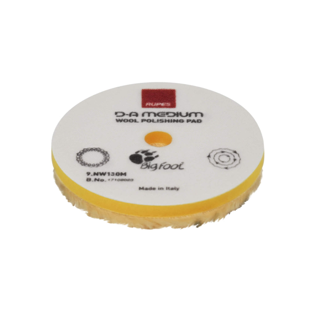 RUPES D-A MEDIUM Wool Polishing Pad with flexible yellow foam and 15mm wool fibers for enhanced finishing.