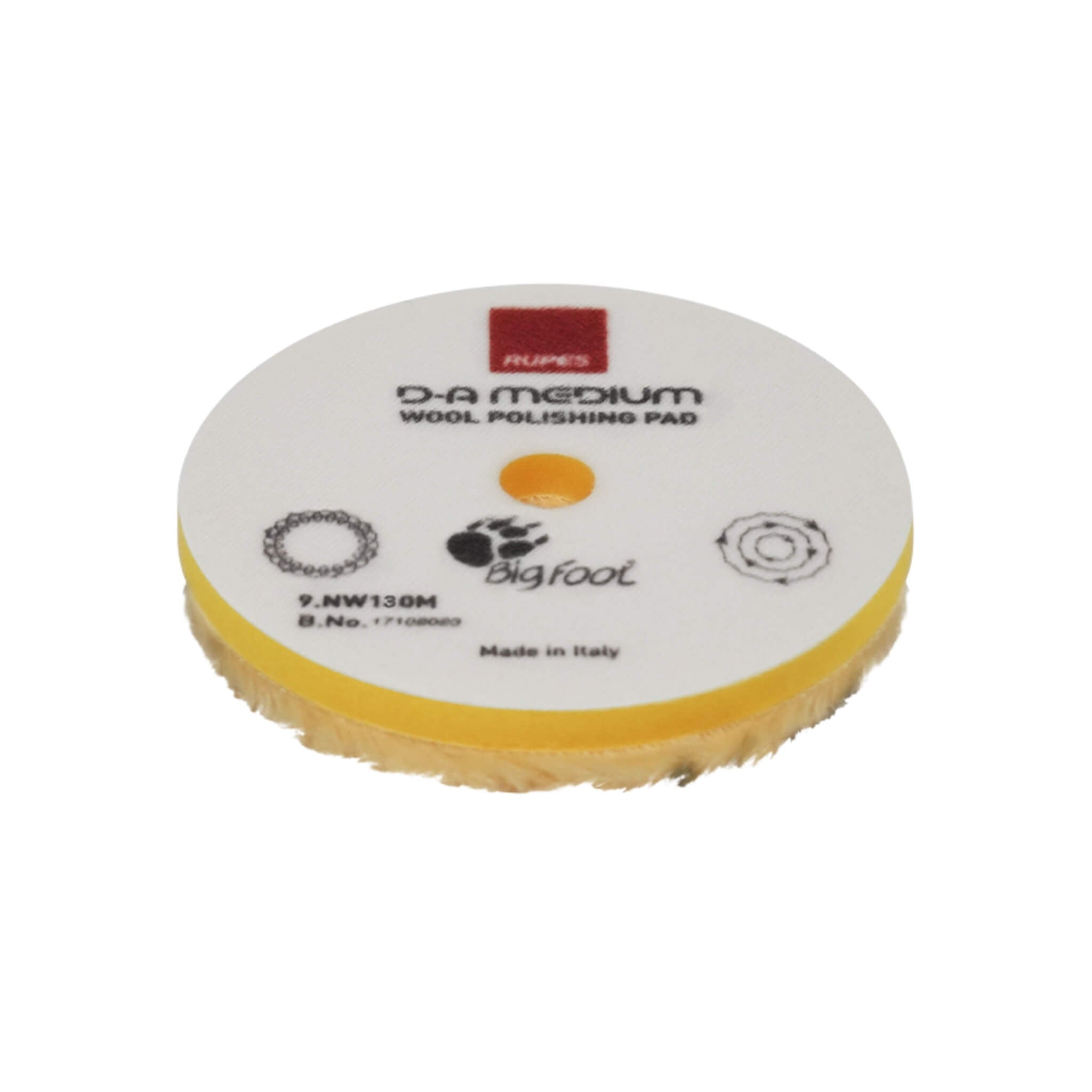 RUPES D-A MEDIUM Wool Polishing Pad with flexible yellow foam and 15mm wool fibers for enhanced finishing.