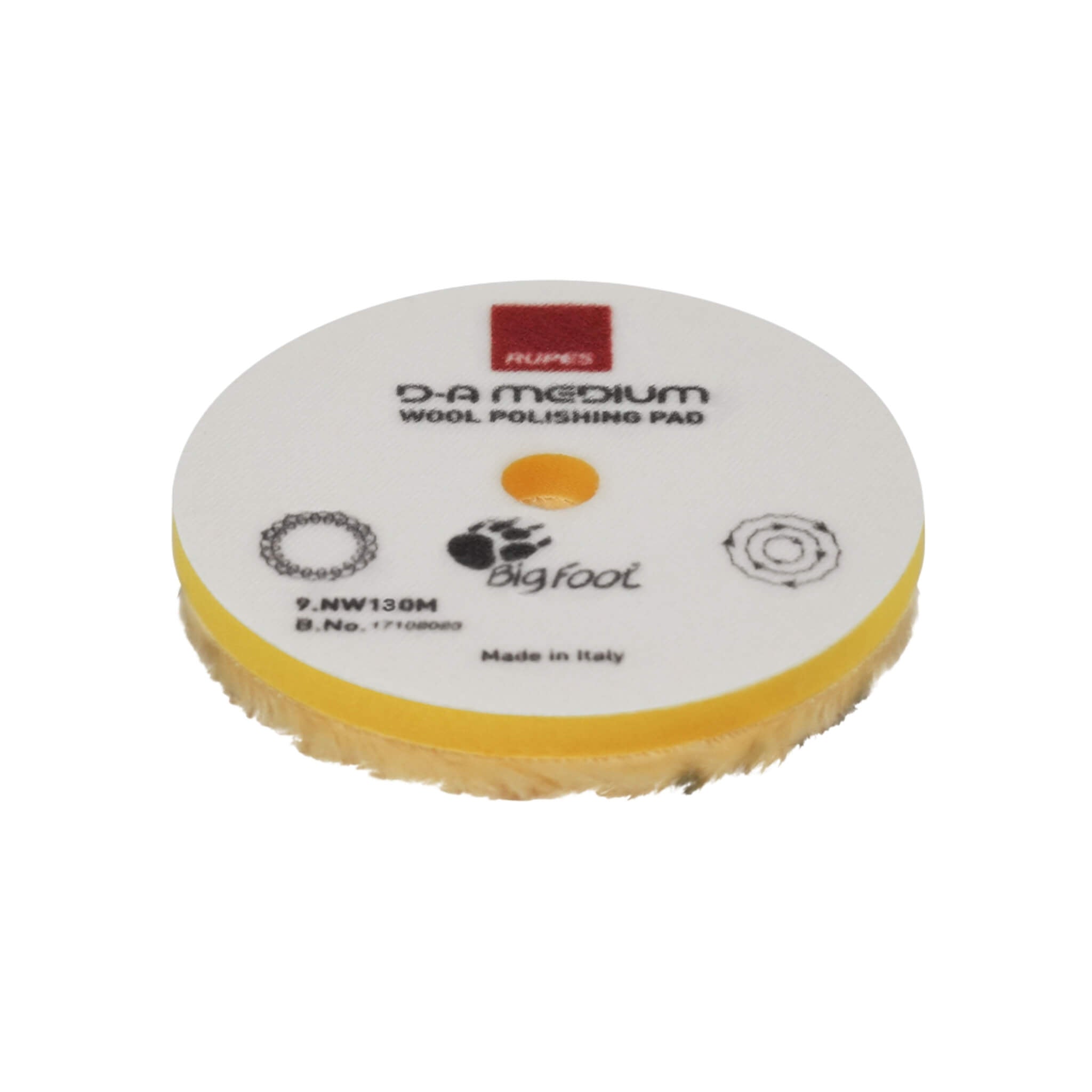 RUPES D-A MEDIUM Wool Polishing Pad with flexible yellow foam and 15mm wool fibers for enhanced finishing.