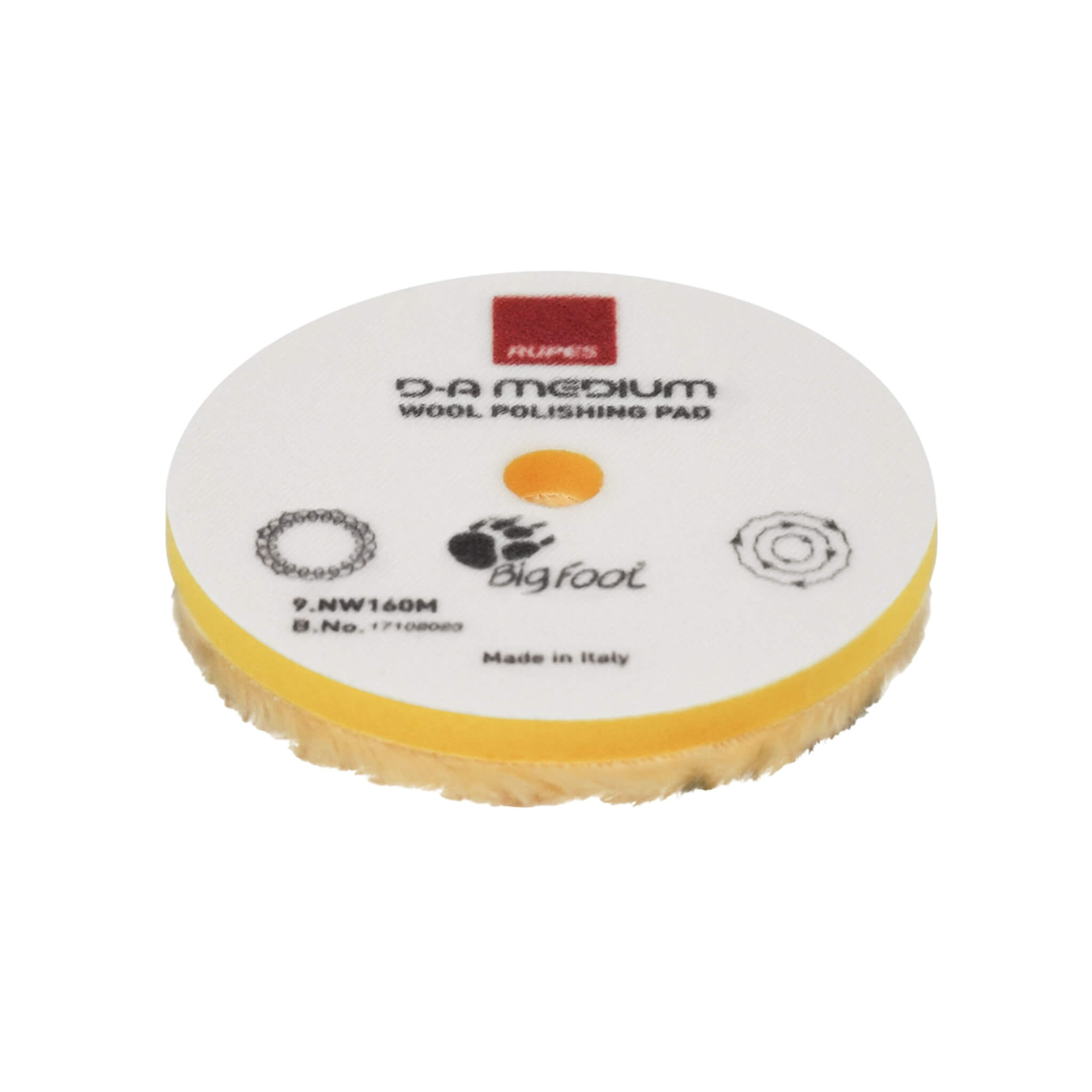 RUPES D-A MEDIUM Wool Polishing Pad with flexible yellow foam and 15mm wool fibers for enhanced finishing.