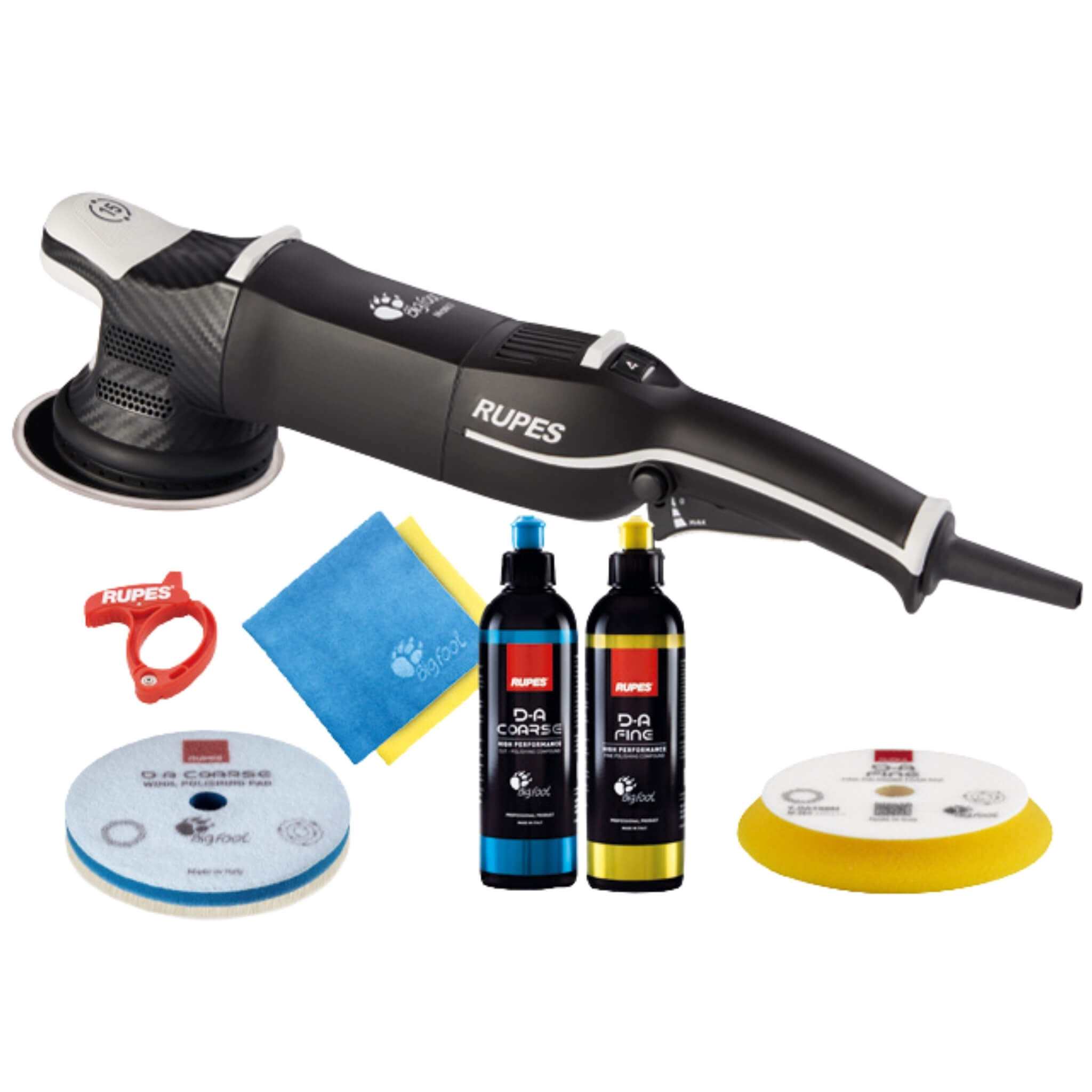 RUPES BigFoot LHR15 Mark V Basic Kit with random orbital polisher, compounds, polishing pads, cloths, and cable clamp.