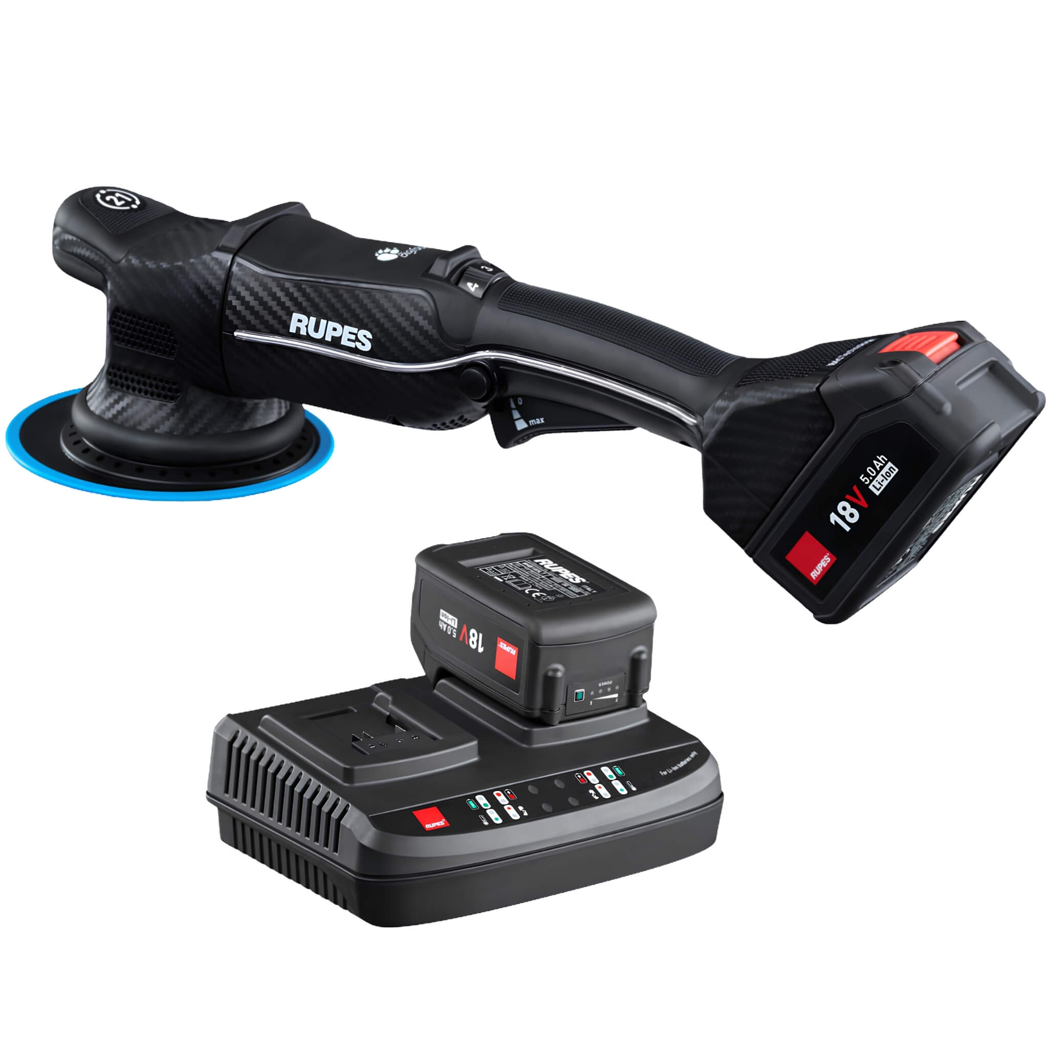RUPES BigFoot HLR21 iBrid Standard Kit includes a 21 mm orbital polisher, two 18V batteries, and a dual battery charger.
