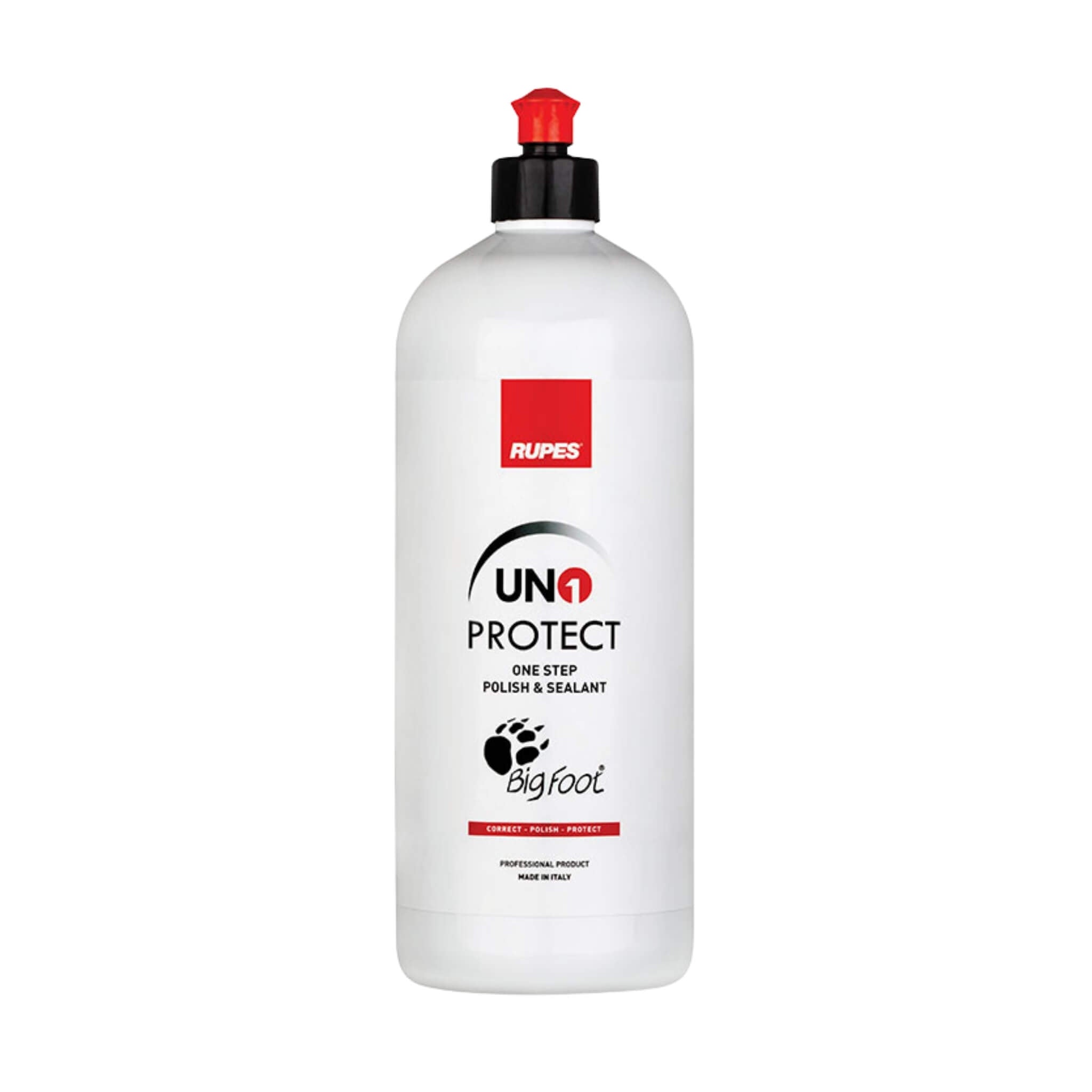RUPES UNO PROTECT all-in-one compound, polish, and sealant with polymer, silicone, and carnauba for 90-day paint protection.