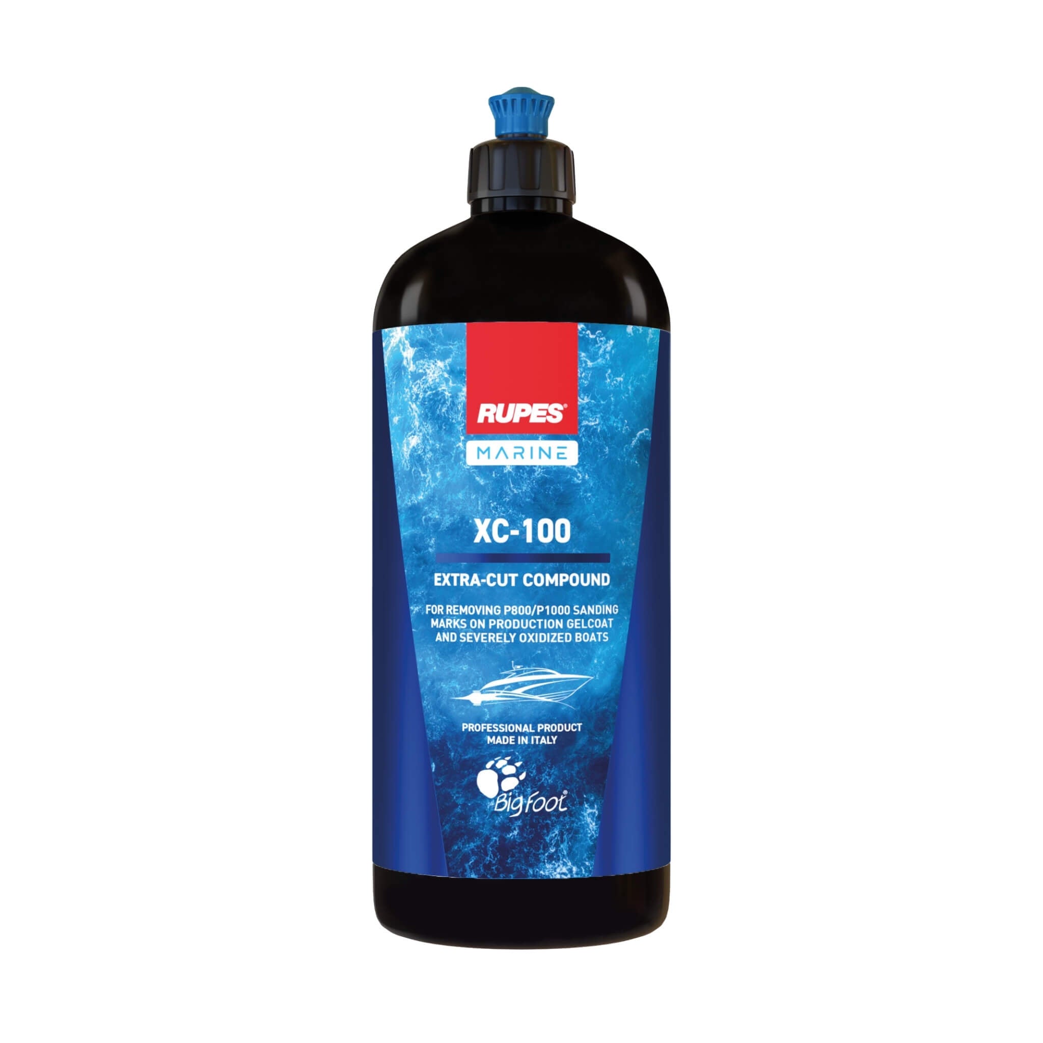 RUPES XC-100 Marine Extra Cut Compound removes P800/P1000 sanding marks from production gelcoat and severely oxidized boats.
