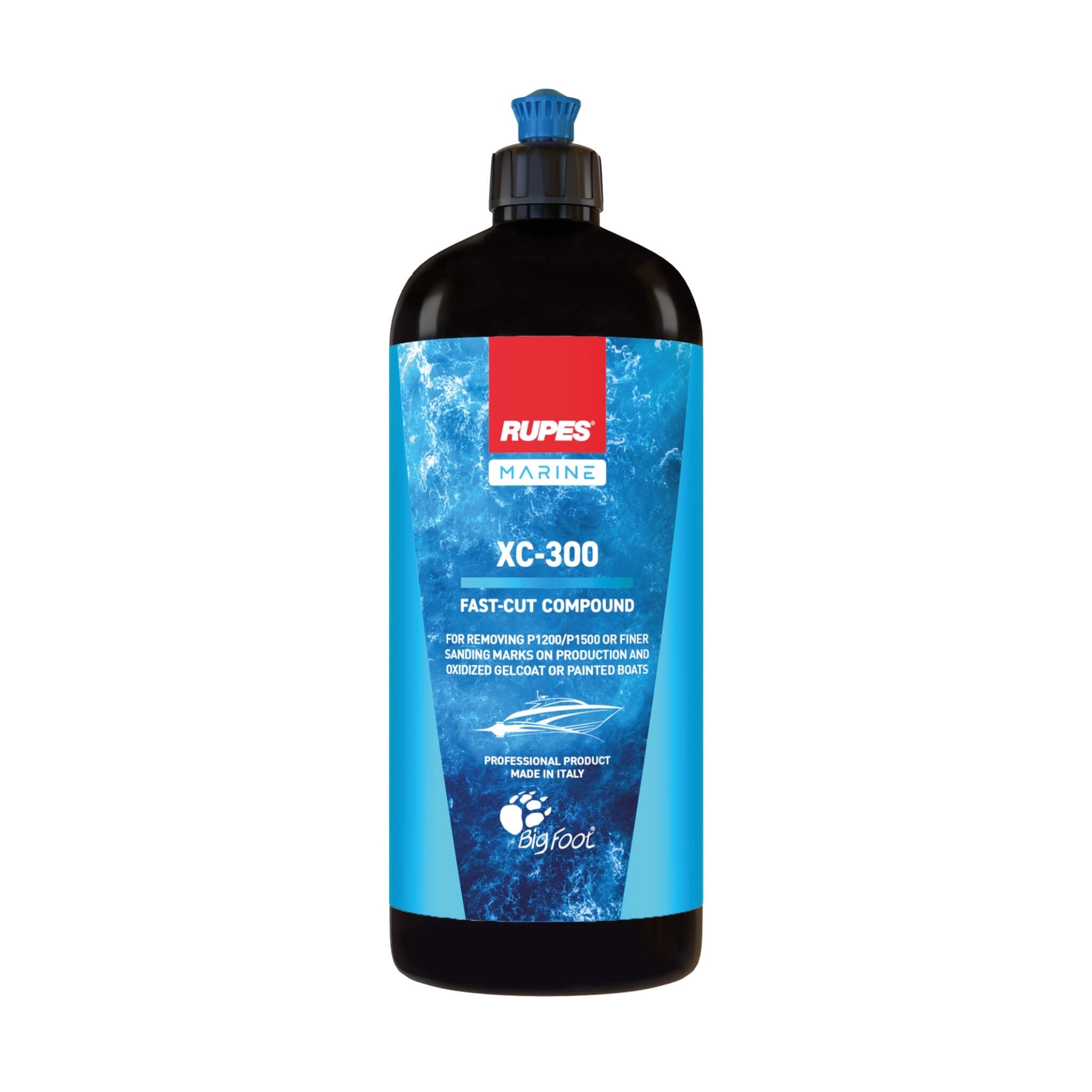 RUPES XC-300 MARINE FAST CUT COMPOUND removes P1200/P1500 sanding marks and heavy defects from gelcoat and painted boats.