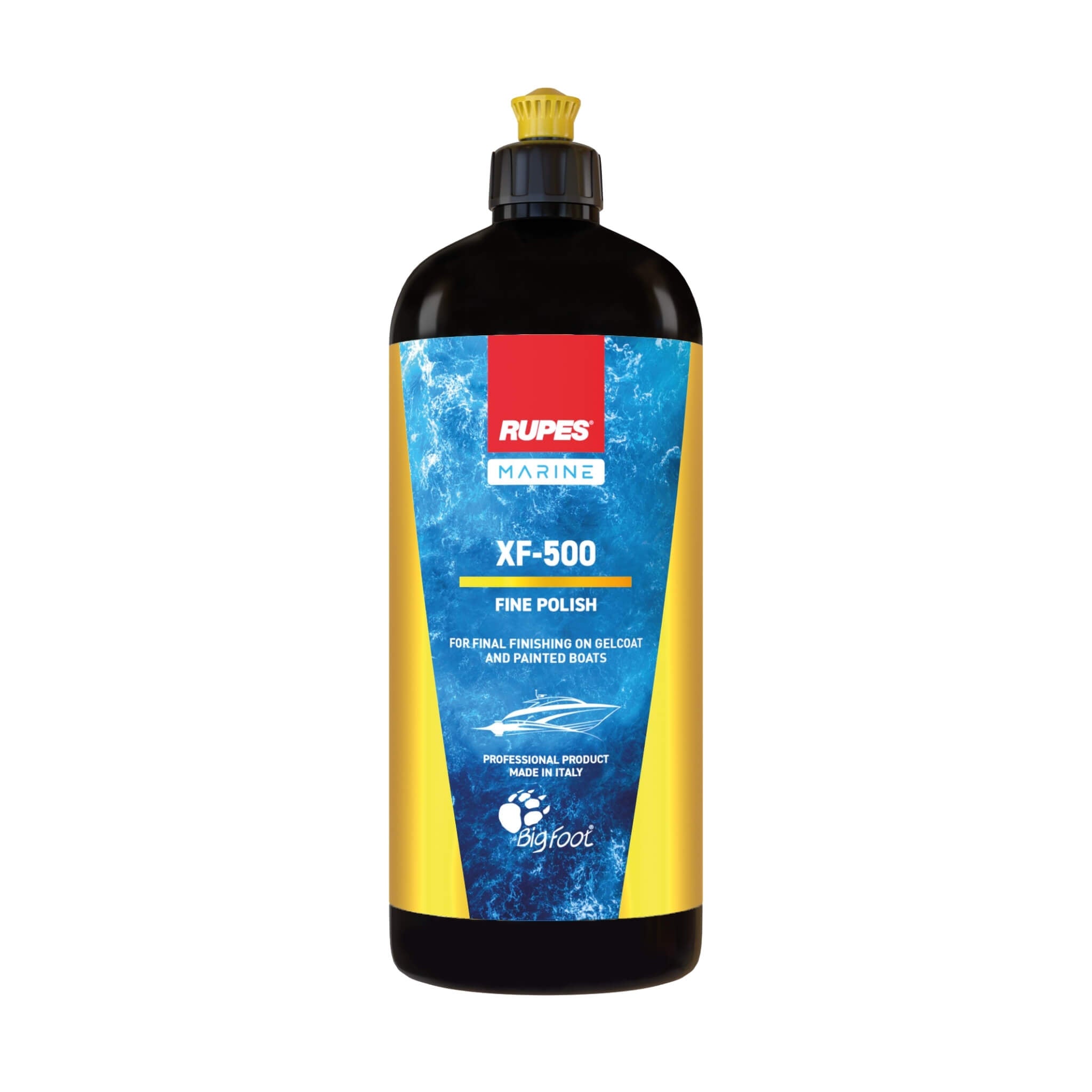 RUPES XF-500 Marine Fine Polish refines gelcoat and painted boat surfaces for high clarity and a mirror-like gloss.