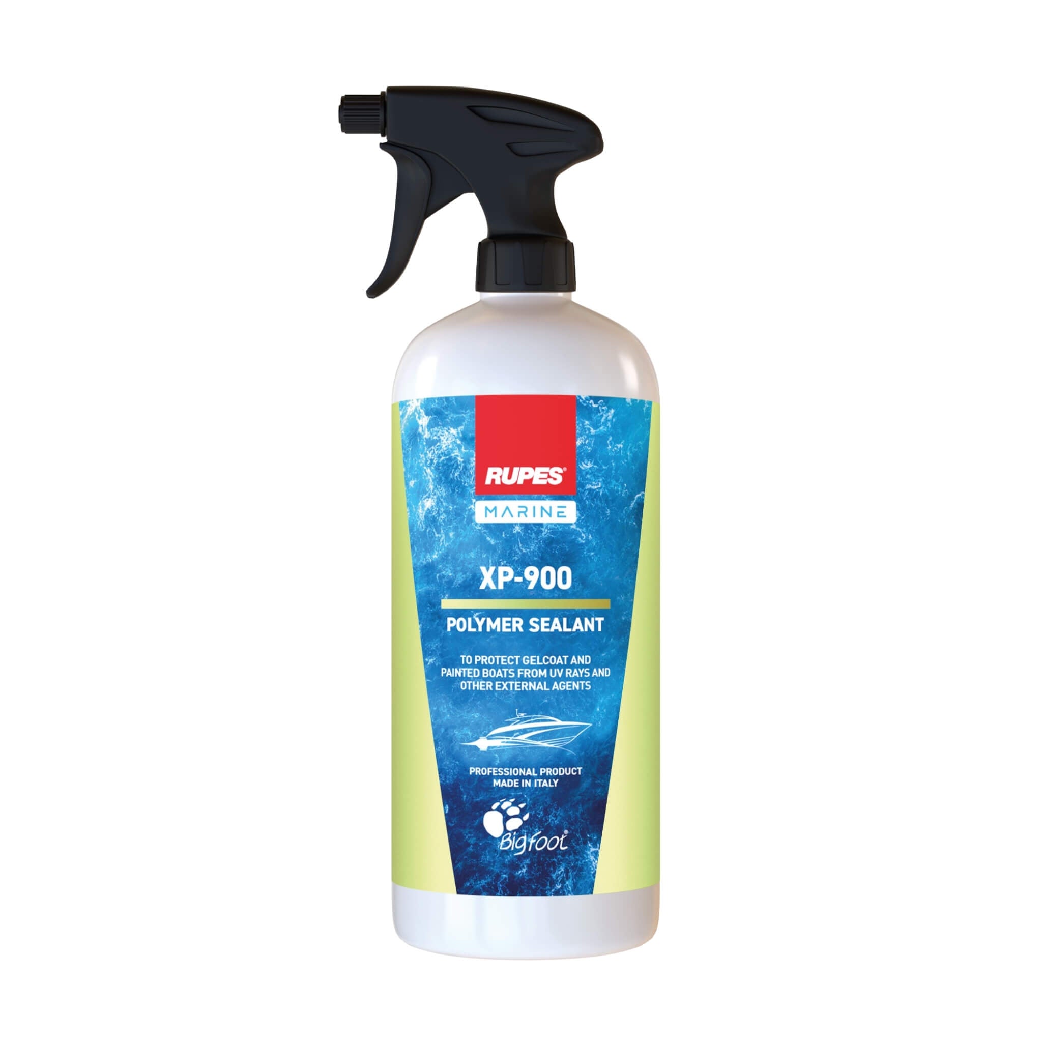 RUPES XP-900 Marine Polymer Spray Sealant adds UV protection, high gloss, and hydrophobic water beading to boat surfaces.