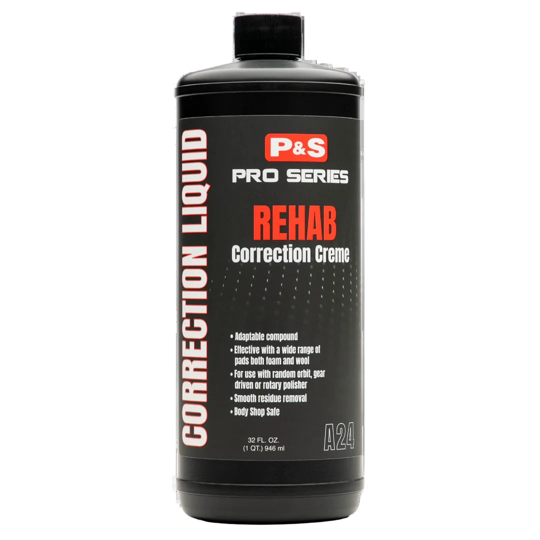 32 oz bottle of P&S Rehab Correction Creme, an adaptable compound for resolving paint imperfections.