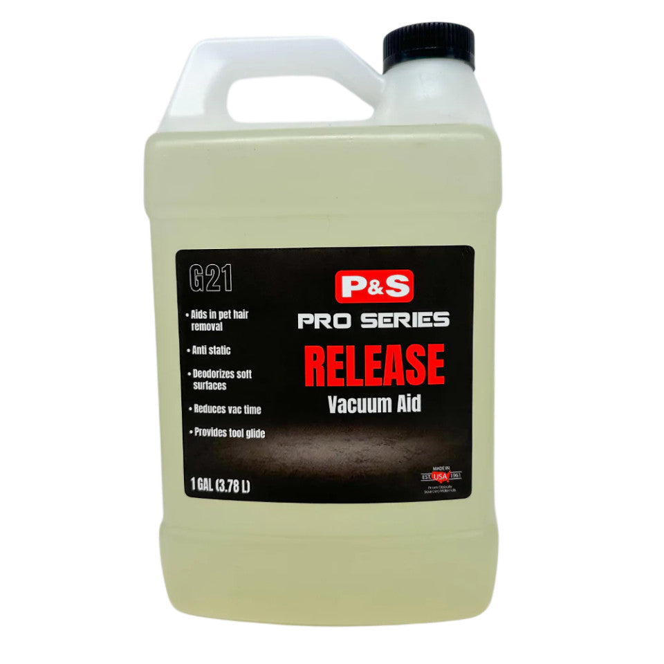 One-gallon jug of P&S RELEASE Vacuum Aid with anti-static properties to help remove pet hair during vacuuming.