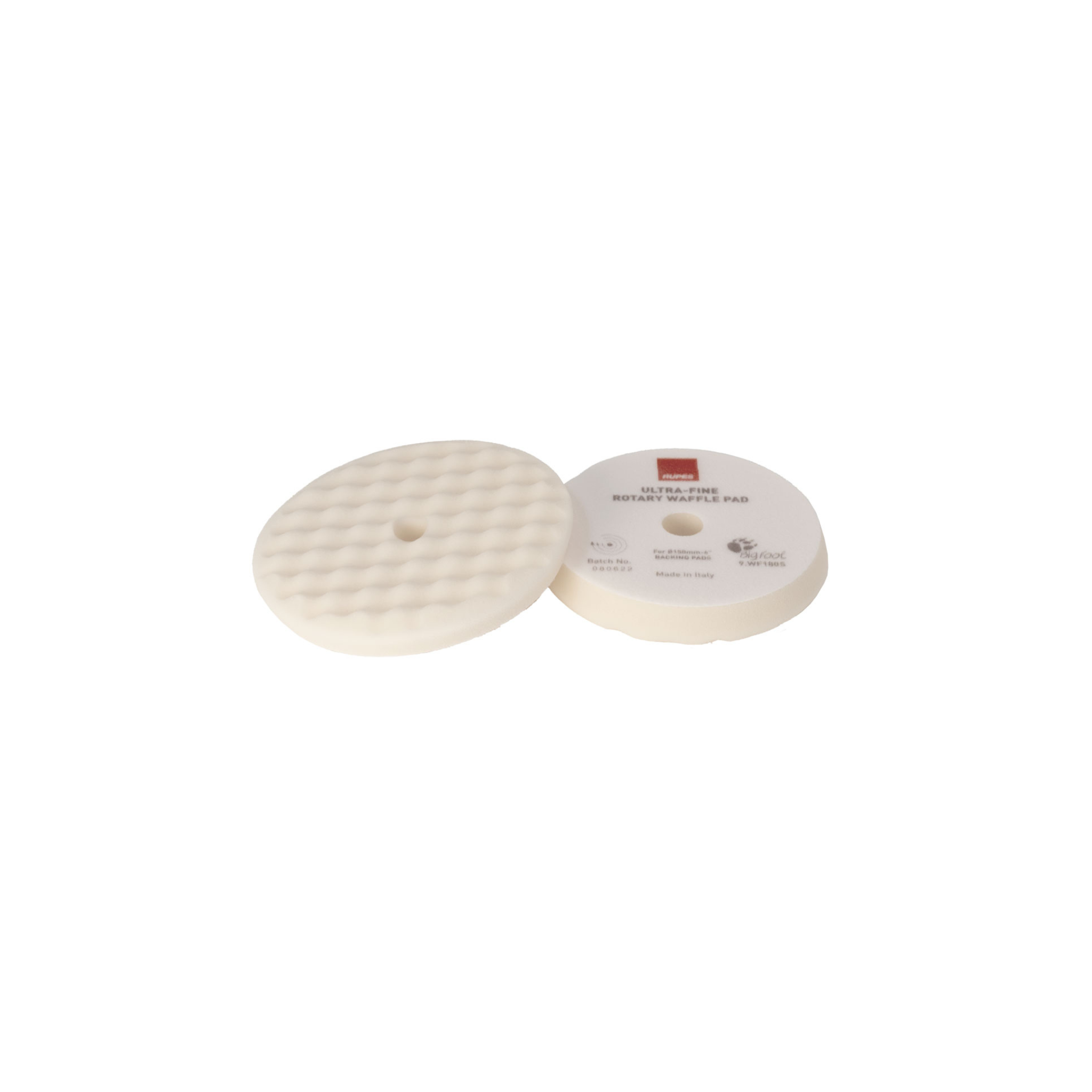 Front and back of RUPES WAFFLE ULTRA-FINE Polishing Foam pad with a unique waffle face for improved stability and cooling.