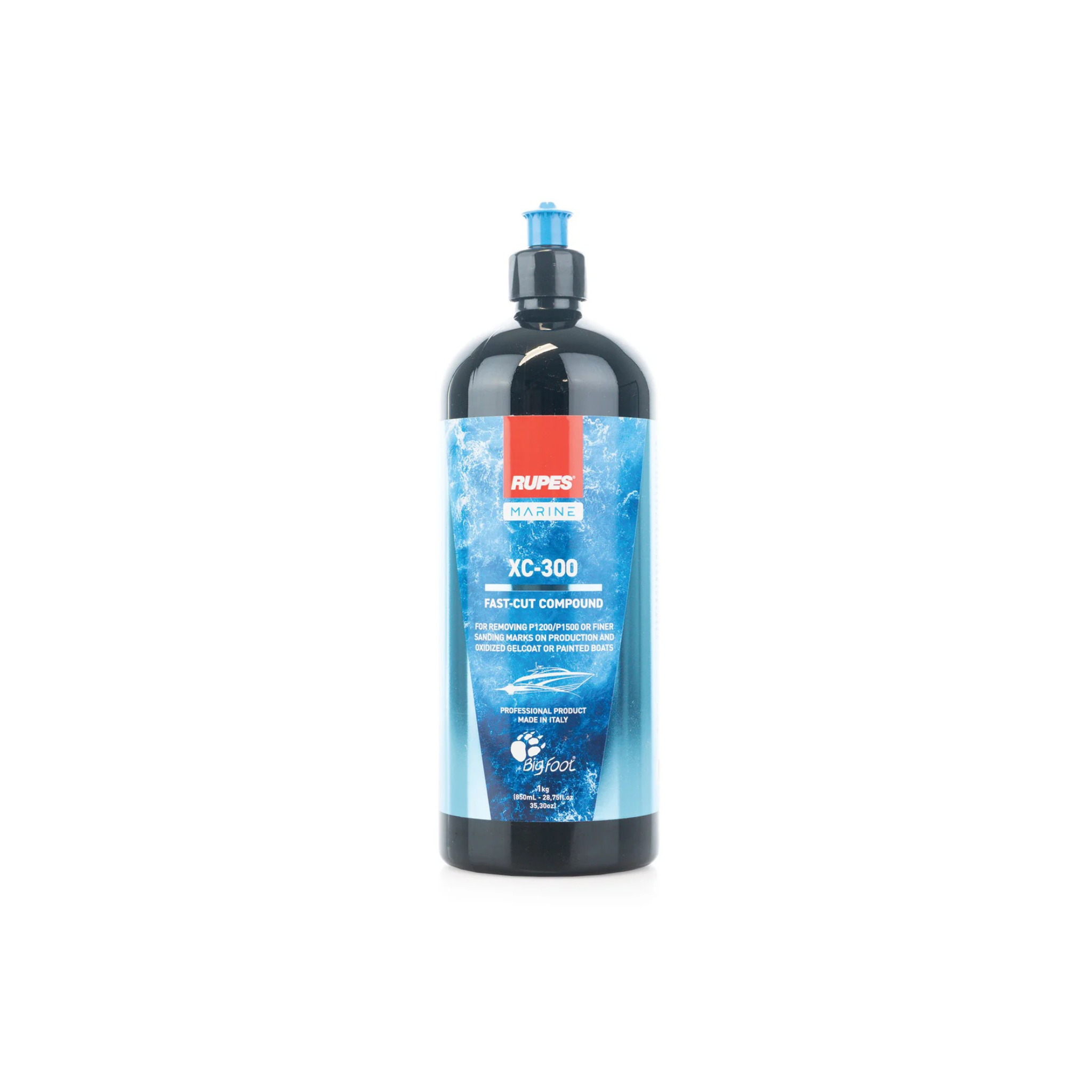 A bottle of Rupes xc300 a fast cut proffessional grade marine compound for removing 1200 grit sanding marks.