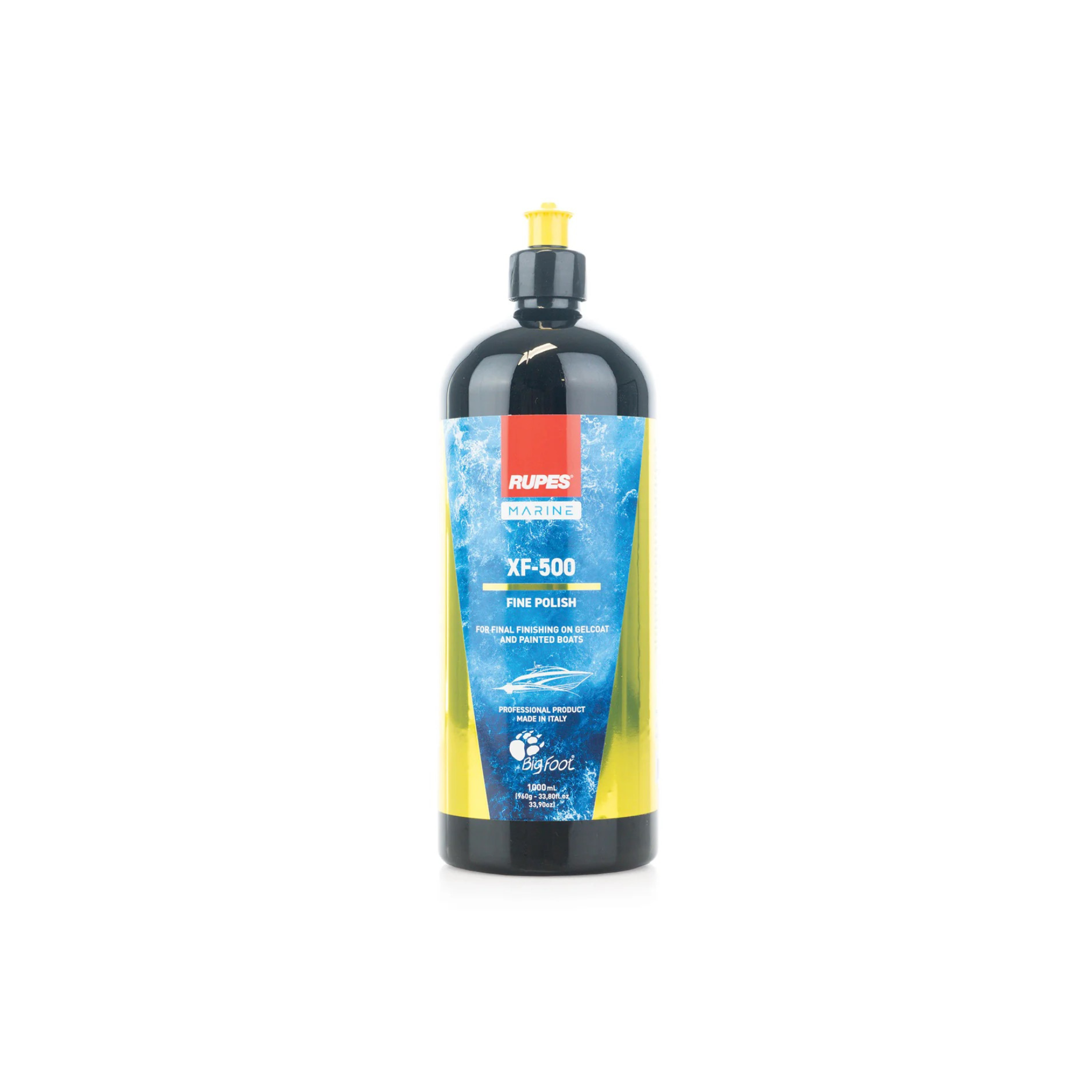 A bottle of Rupes XF500, a professional grade Marine fine polish for finishing gelcoat boats.
