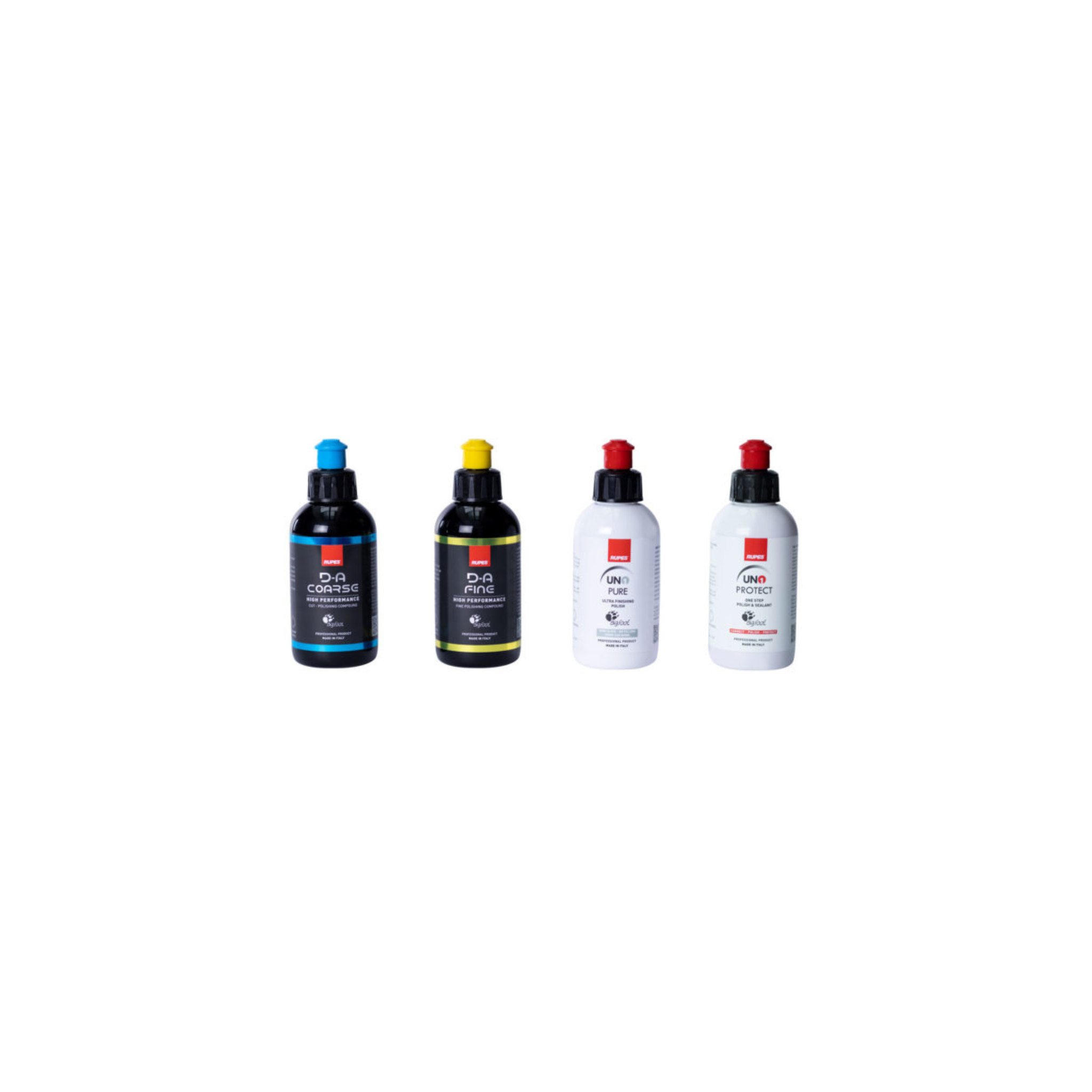 Four bottles of different colors on a white background