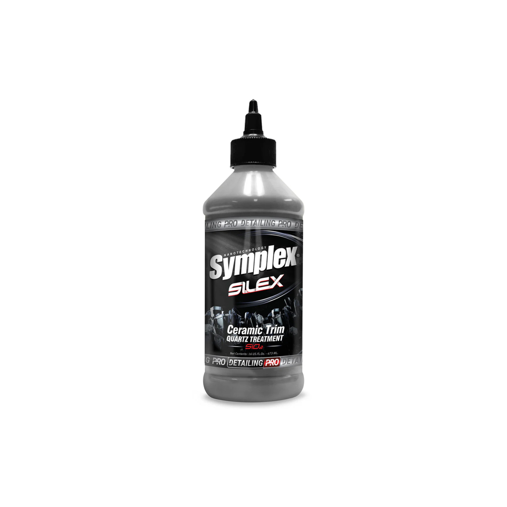 Bottle of Symplex Silex Trim, a product designed to restore and protect vehicle exterior trim surfaces.