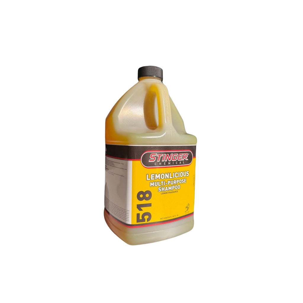 Stinger 518 LEMONLICIOUS MULTIPURPOSE SHAMPOO for vehicle washing that cleans surfaces and rinses away grime.