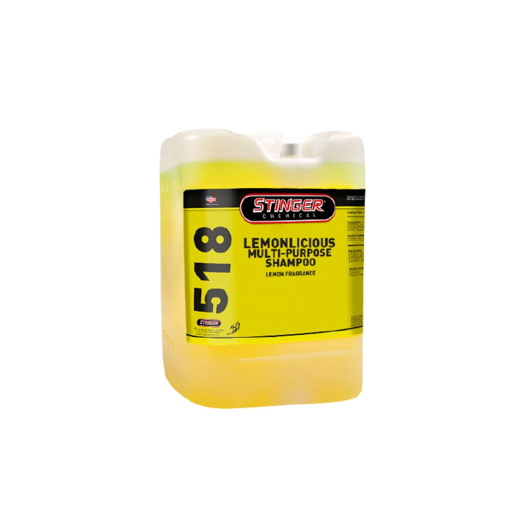 Stinger 518 LEMONLICIOUS MULTIPURPOSE SHAMPOO for vehicle washing that cleans surfaces and rinses away grime.