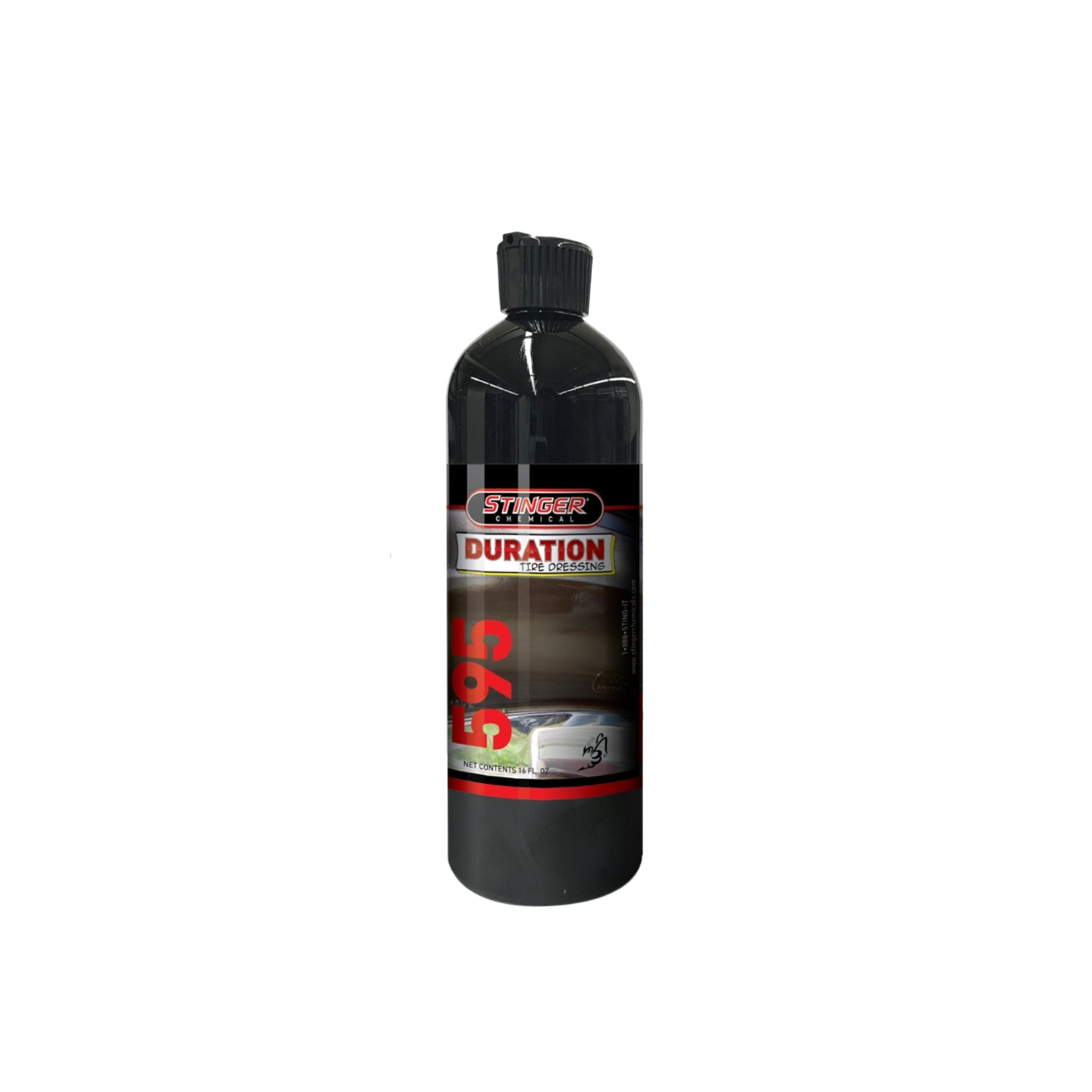 STINGER 595 DURATION TIRE DRESSING adds long-lasting shine and protection to tires with a deep, clean, black finish.