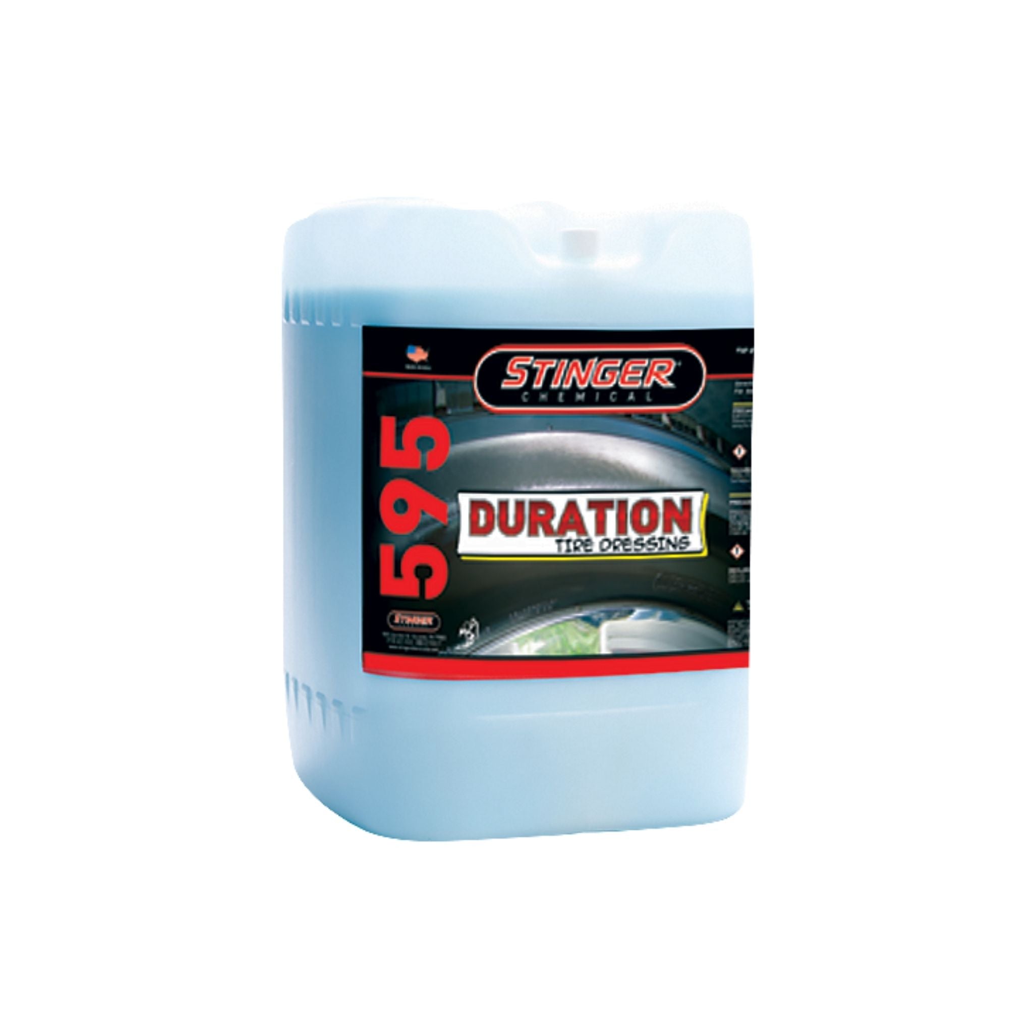 5G STINGER 595 DURATION TIRE DRESSING adds long-lasting shine and protection to tires with a deep, clean, black finish.