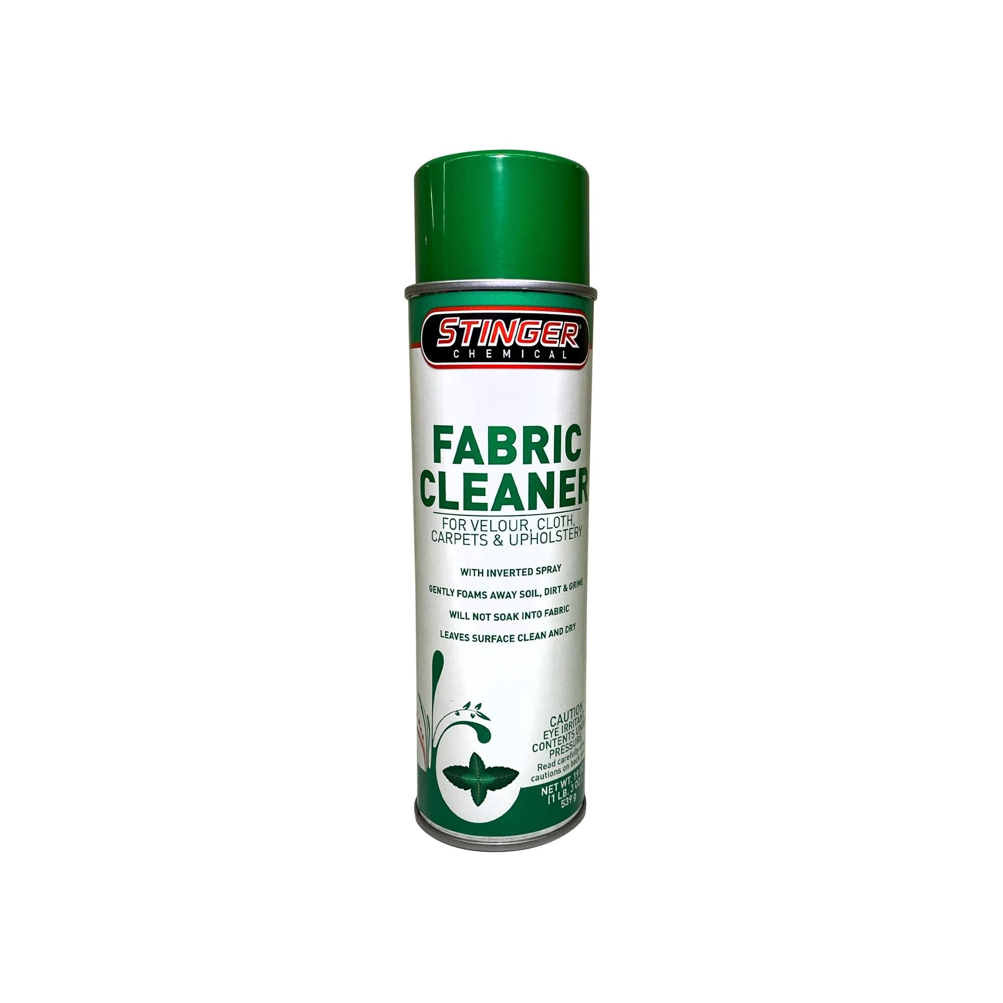 STINGER 602 FABRIC CLEANER with thick dry foam, lifts dirt from fabric and carpet, mint scented, leaves no residue.
