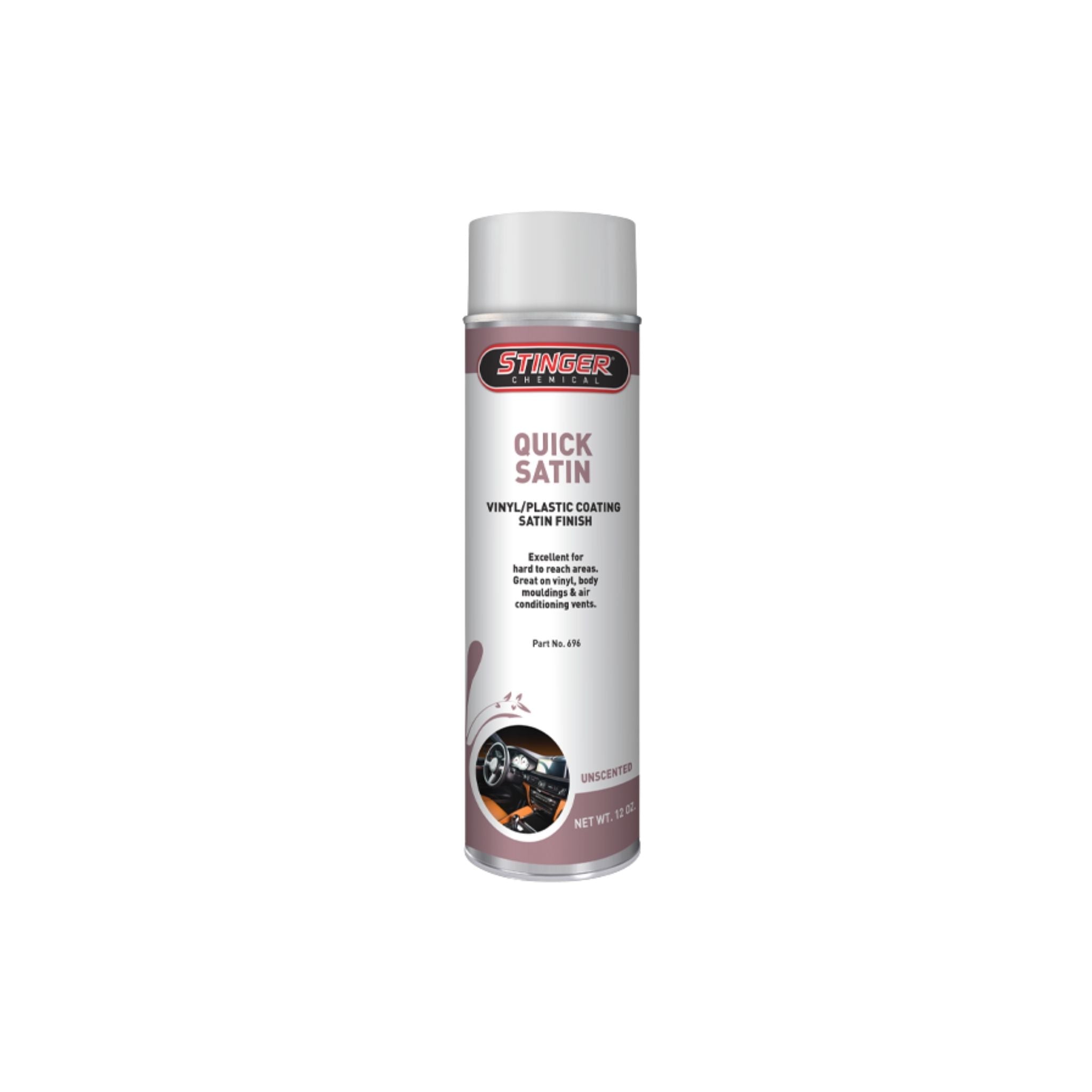 Stinger 696 QUICK SATIN dressing restores a rich, low-gloss finish to interior and exterior trim, vinyl, and plastic.