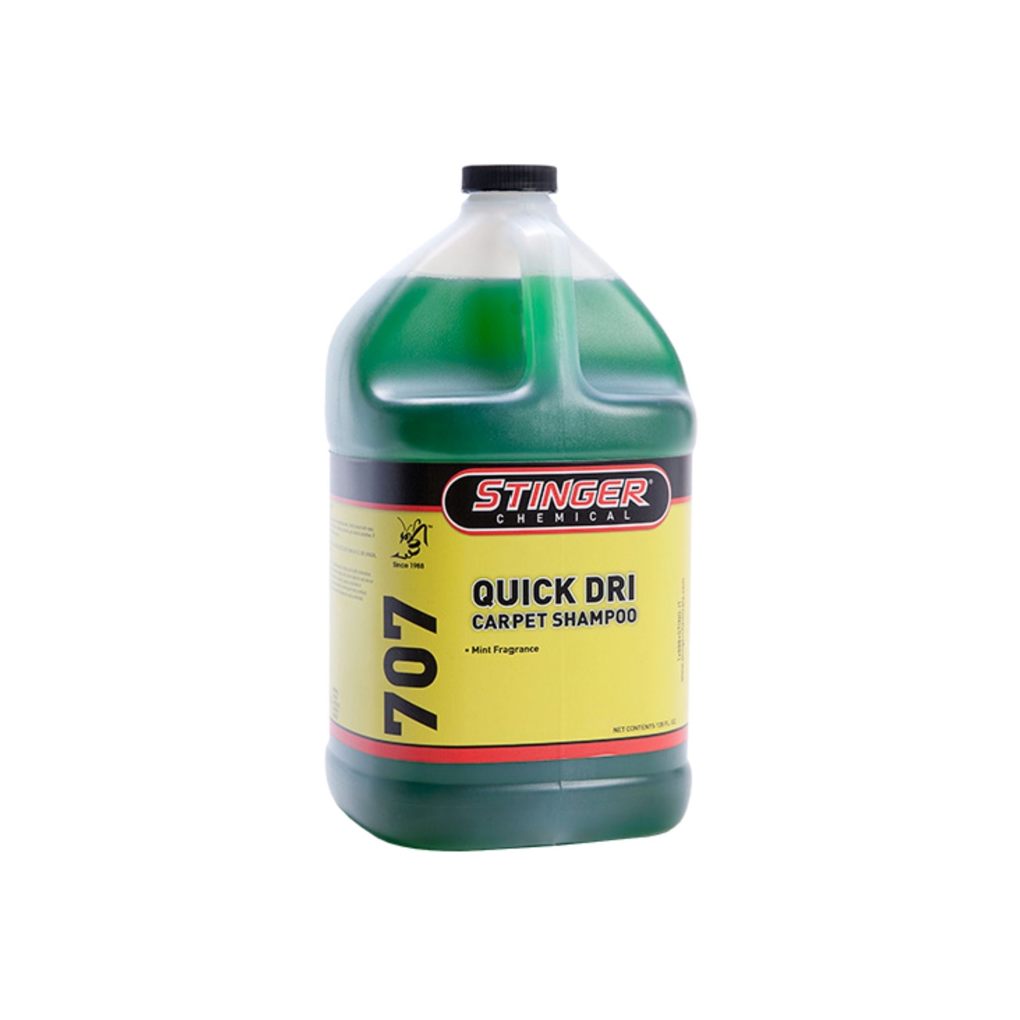 Stinger 707 QUICK DRI CARPET SHAMPOO is a fast-drying carpet cleaner with optical brighteners and a fresh mint scent.
