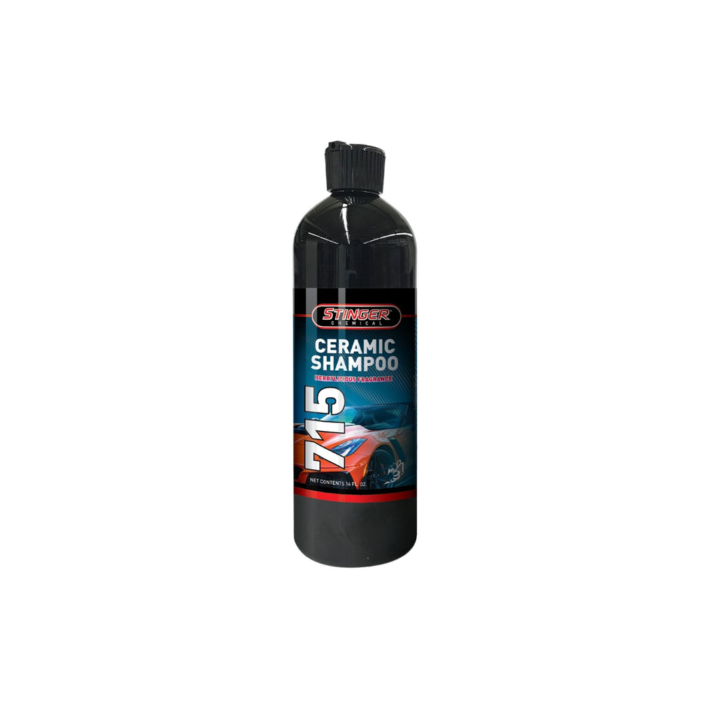 16oz of STINGER 715 CERAMIC SHAMPOO cleans and adds SiO2 protection in one step, leaving a glossy, hydrophobic finish.