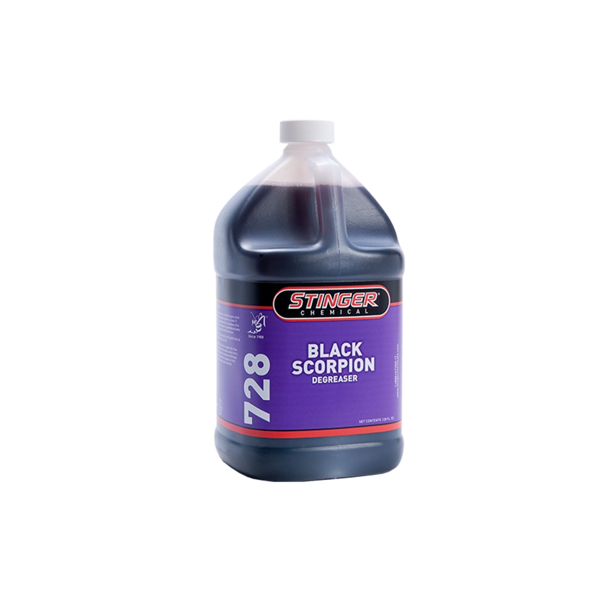 Stinger 728 BLACK SCORPION, a powerful degreaser that removes tough grease, oil, and grime from engines and other surfaces.
