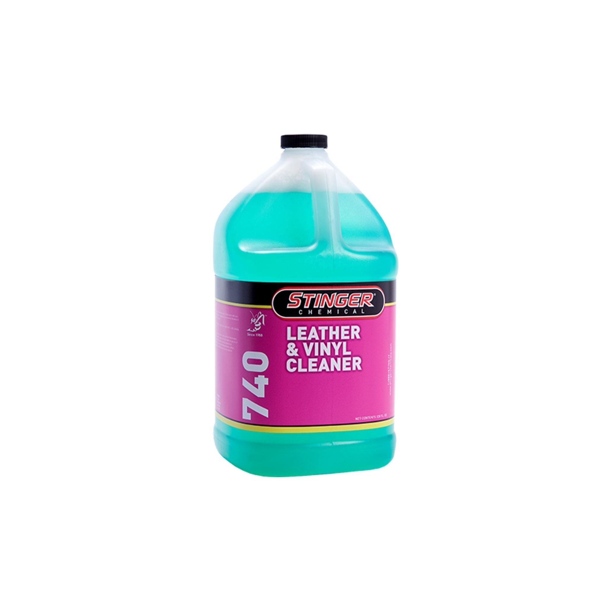 Stinger Leather & Vinyl Cleaner 740, pH-neutral formula removes grease, dust, and stains; safe for all surfaces.