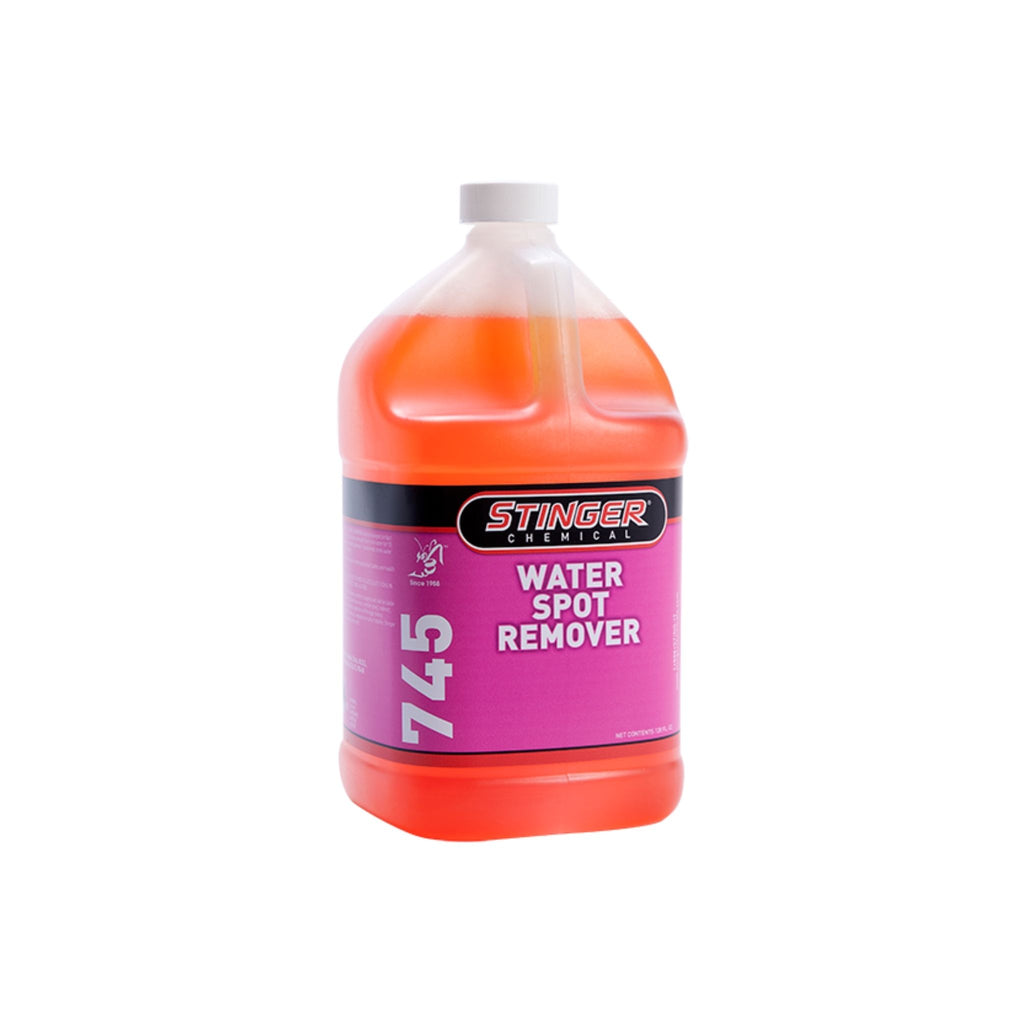 STINGER 745 WATER SPOT REMOVER removes hard water stains and mineral deposits from glass, paint, and chrome.