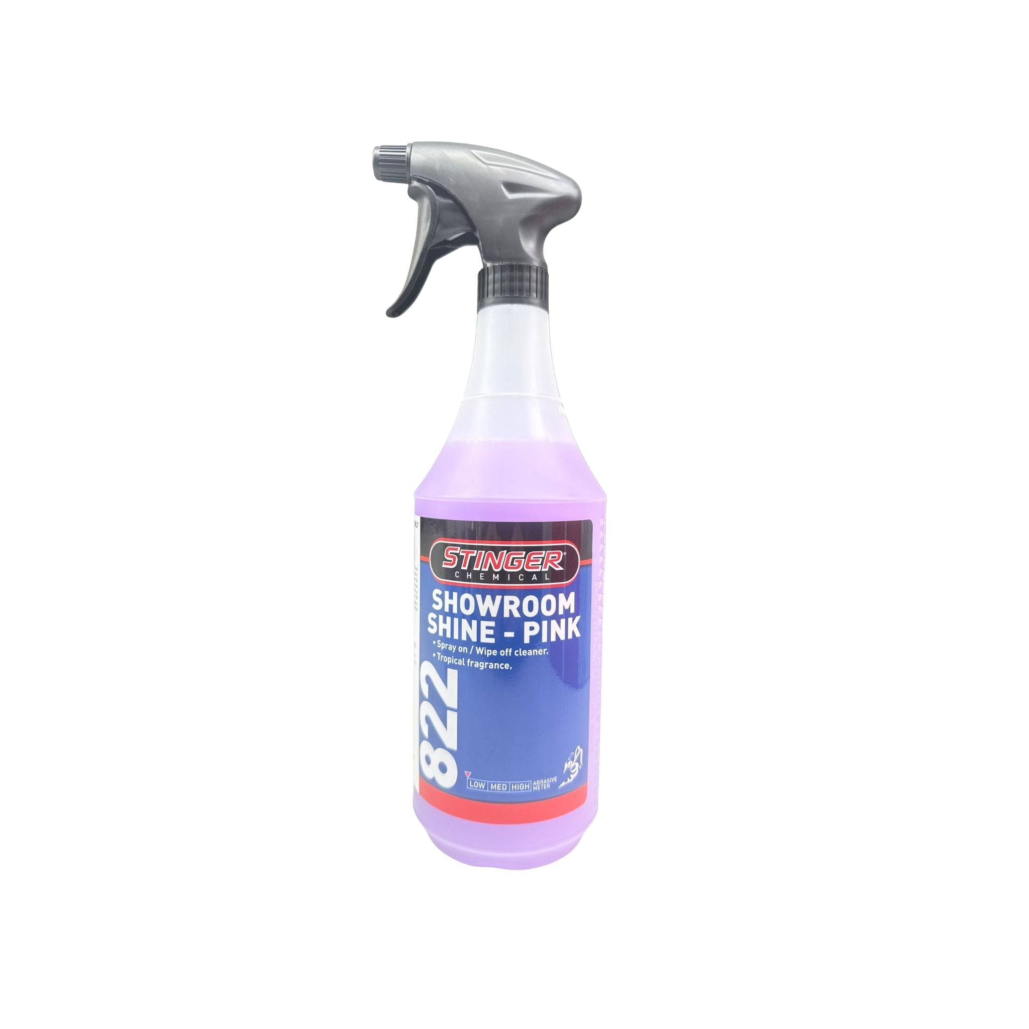 32 OZ Bottle of Stinger 822 SHOWROOM SHINE that removes smudges and dust, leaving a glossy finish with a tropical scent.