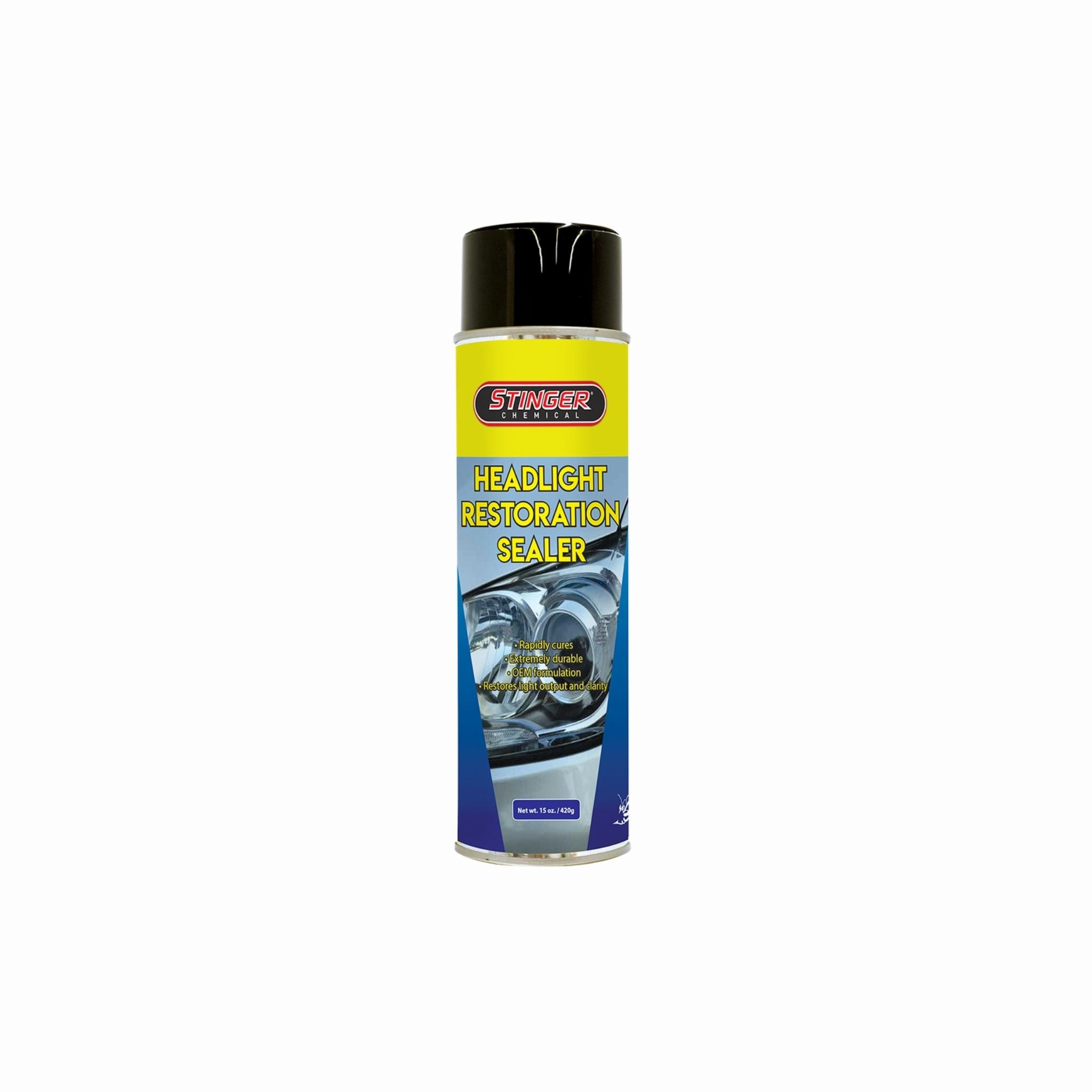 STINGER HEADLIGHT RESTORATION SEALER restores clarity and protects lenses with UV-resistant, cross-linking polymer formula.