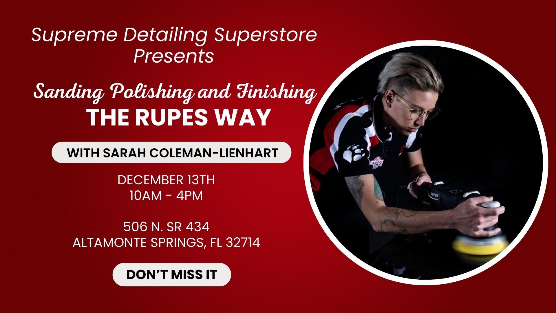 Rupes class on december 13th, with sarah coleman leinhart red and white background