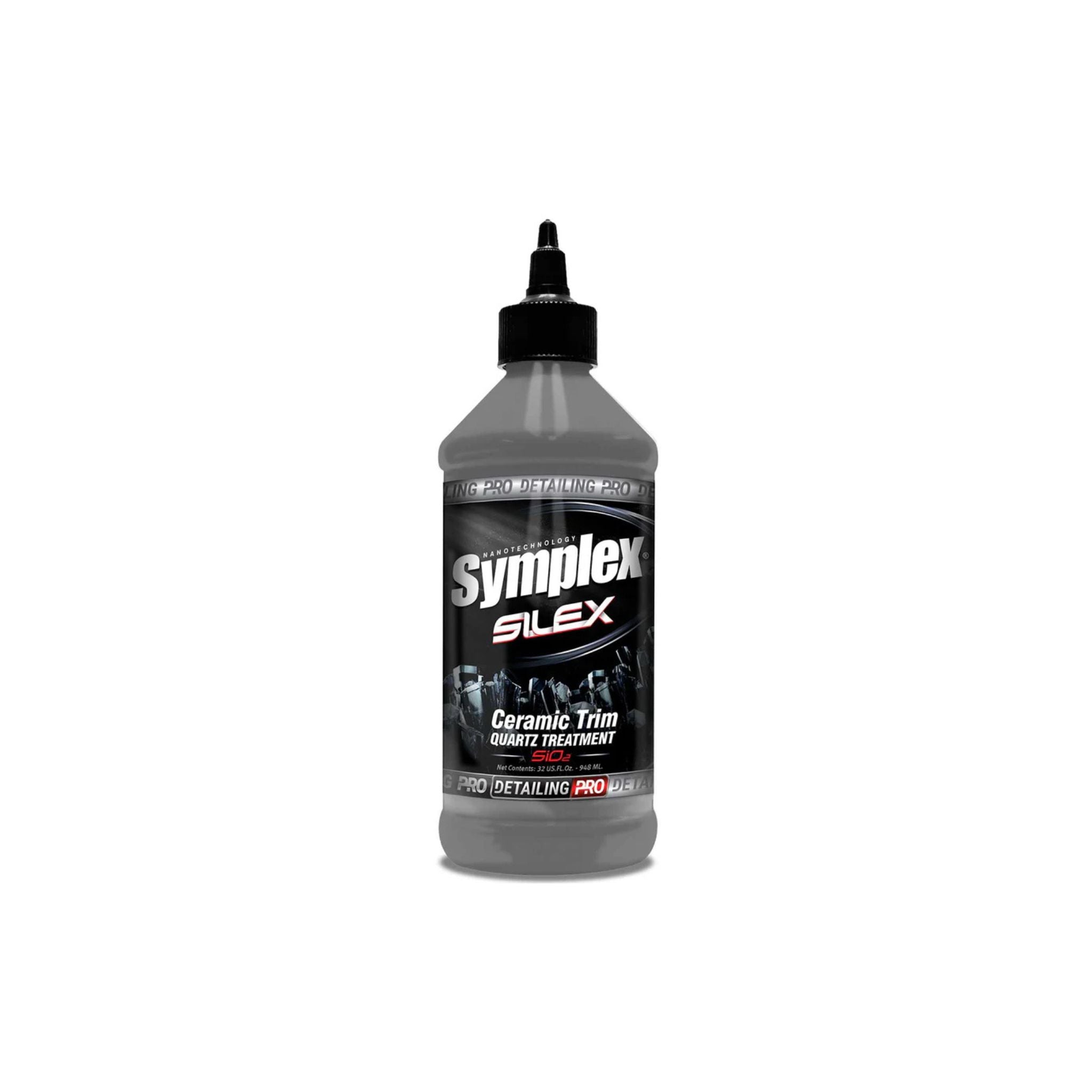 Bottle of Symplex Silex Trim, a product designed to restore and protect vehicle exterior trim surfaces.