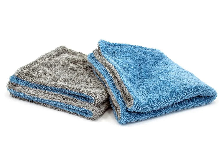 16"x16" Blue/Gray Dreadnought Jr. Microfiber Double Twist Pile Detailing Towel 2 pack for superior drying and softness.