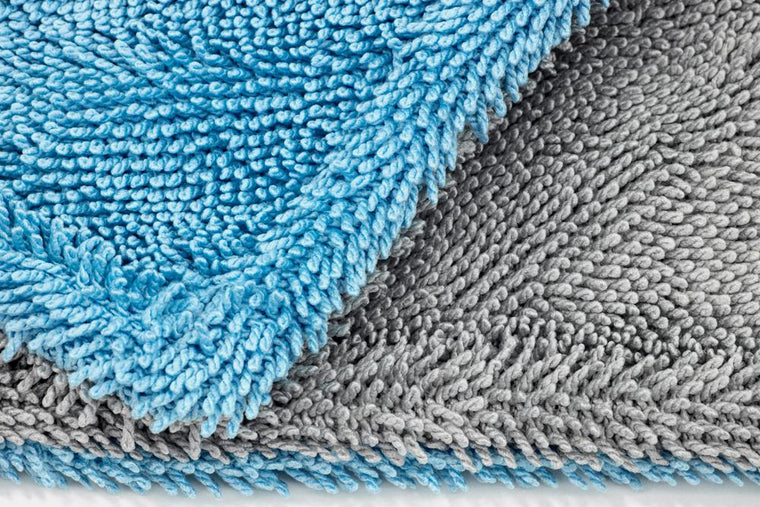 16"x16" Blue/Gray Dreadnought Jr. Microfiber Double Twist Pile Detailing Towel 2 pack for superior drying and softness.