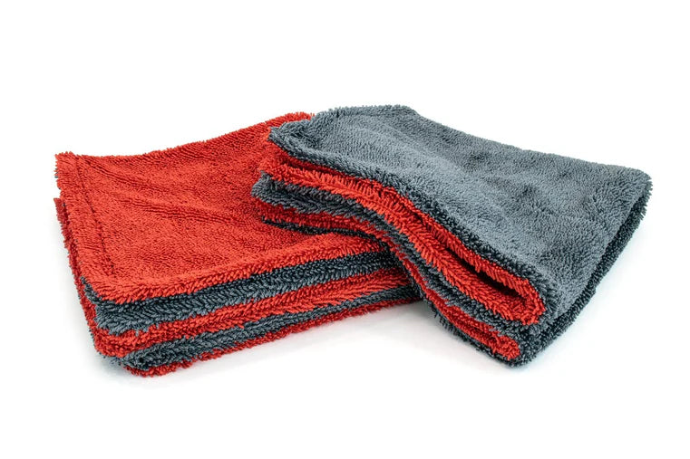 16"x16" Red/Gray Dreadnought Jr. Microfiber Double Twist Pile Detailing Towel 2 pack for superior drying and softness.