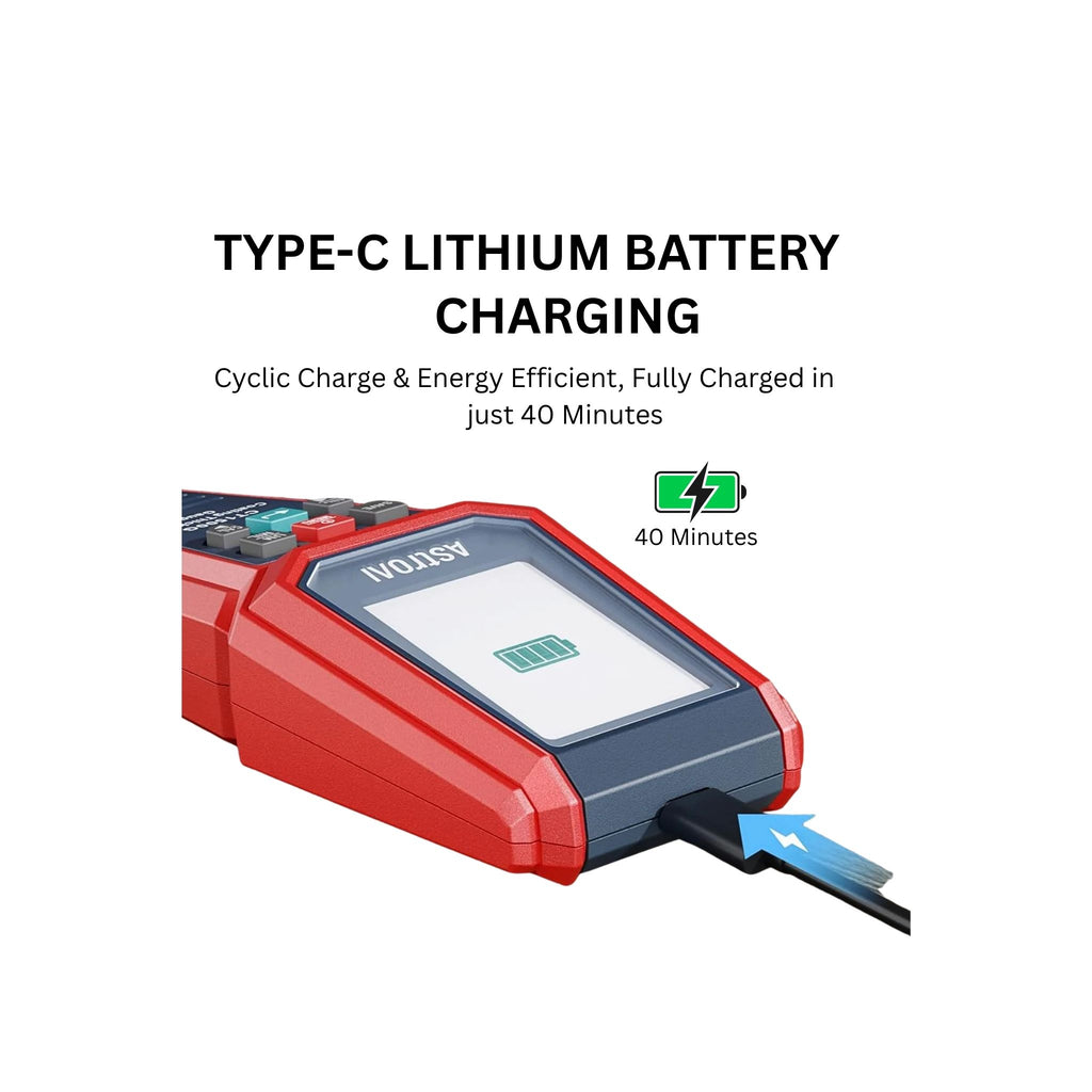 Red and gray battery charger with 'AVACOM' branding on a white background