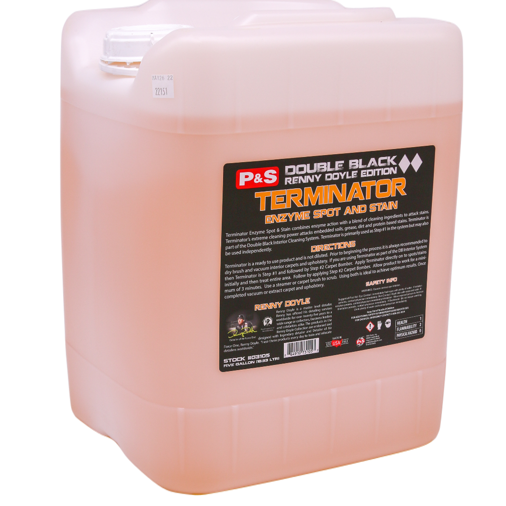 Five-gallon container of P&S Terminator, step one in the P&S three-step carpet cleaning system.